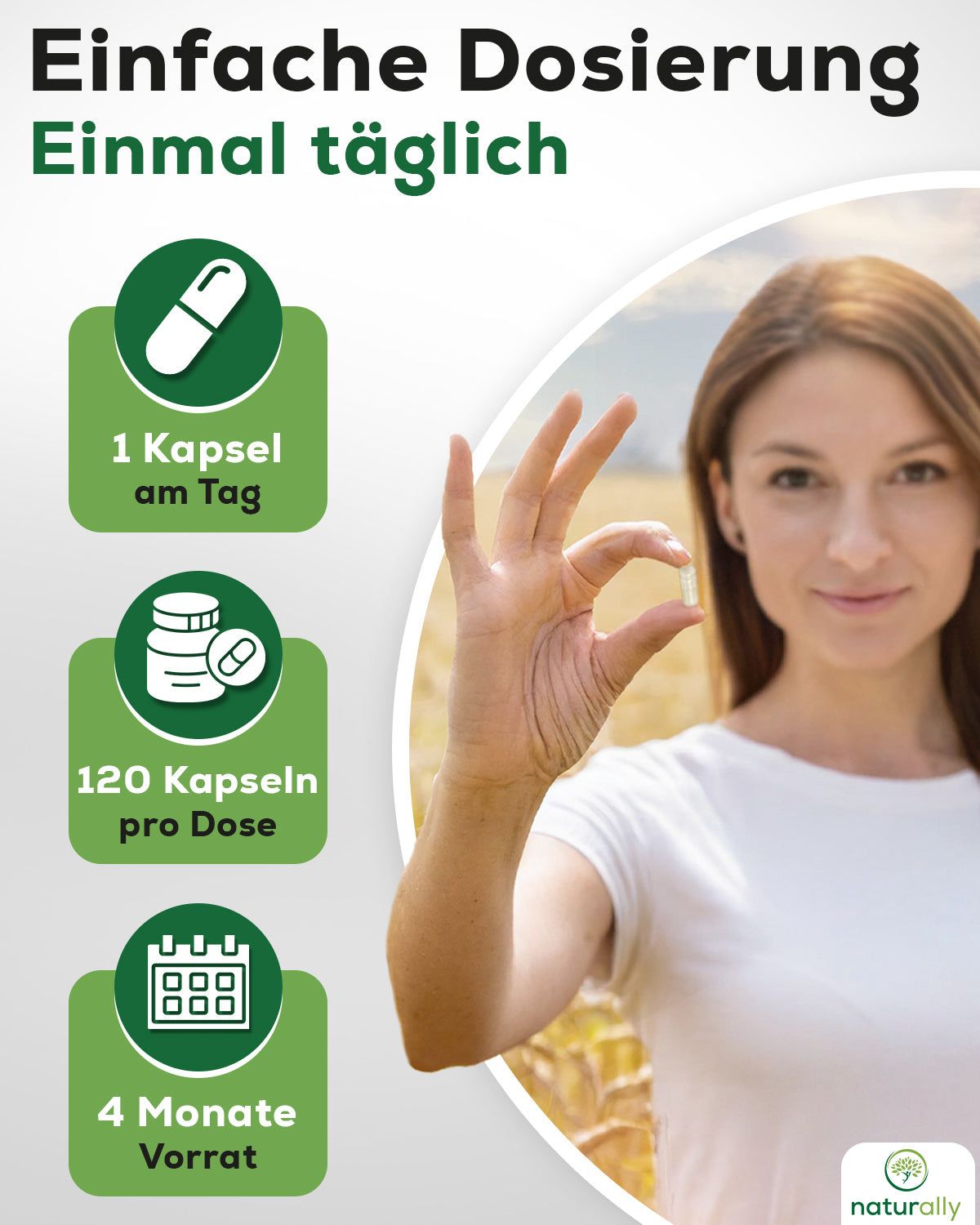 Frau hält Kapsel. Text: 1 Kapsel täglich, 120 pro Dose, 4 Monate Vorrat. Logo: naturally.