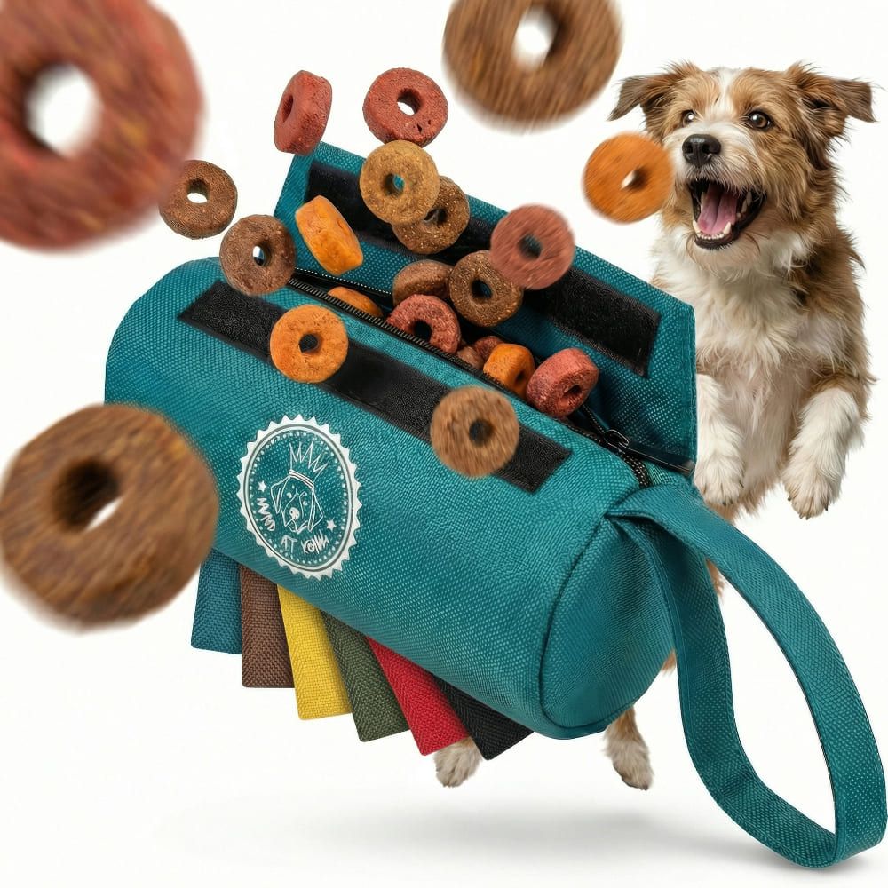 Türkisfarbener Futterbeutel mit Handschlaufe. Logo-Aufdruck. Futterstücke fliegen heraus. Hund springt.