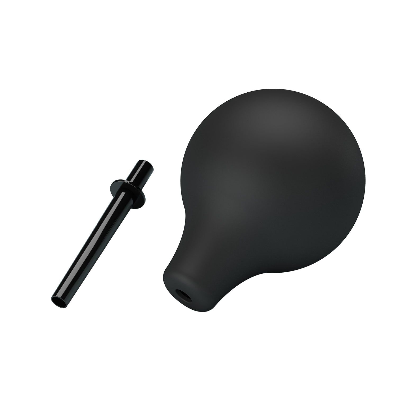 Schwarze Anal-Dusche. Birnenförmiger Körper, zylindrische Spitze. Aus Gummi. Spitze und Körper getrennt.