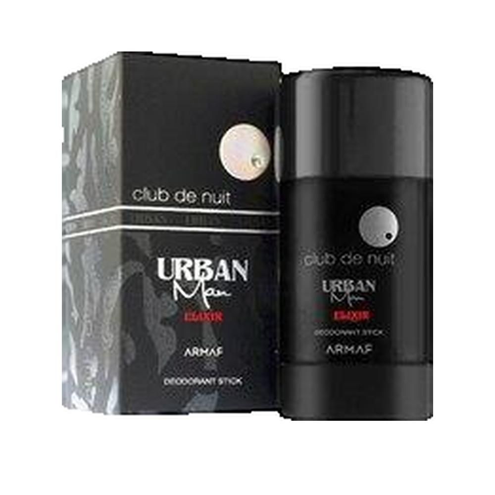 Schwarzer Deostick und Verpackung. Aufschrift: Club de Nuit, Urban Man Elixir, Armaf, Deodorant Stick. Silberne Akzente.