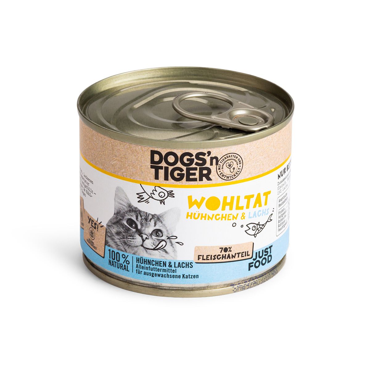 Eine Dose Katzenfutter. Aufschrift: DOGS'N TIGER, Wohltat, Huhn & Lachs. 100% natürlich. 70% Fleischanteil.