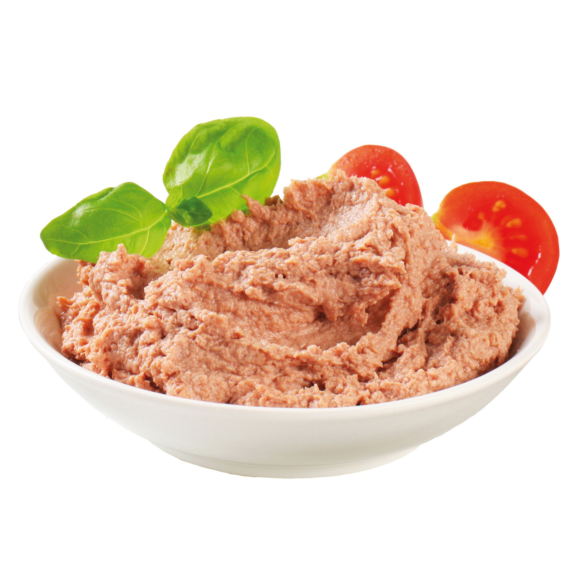 Schale mit Hundefutter, garniert mit Tomaten und Basilikumblättern. Rosa-braune Pastete. Weiße Schale.