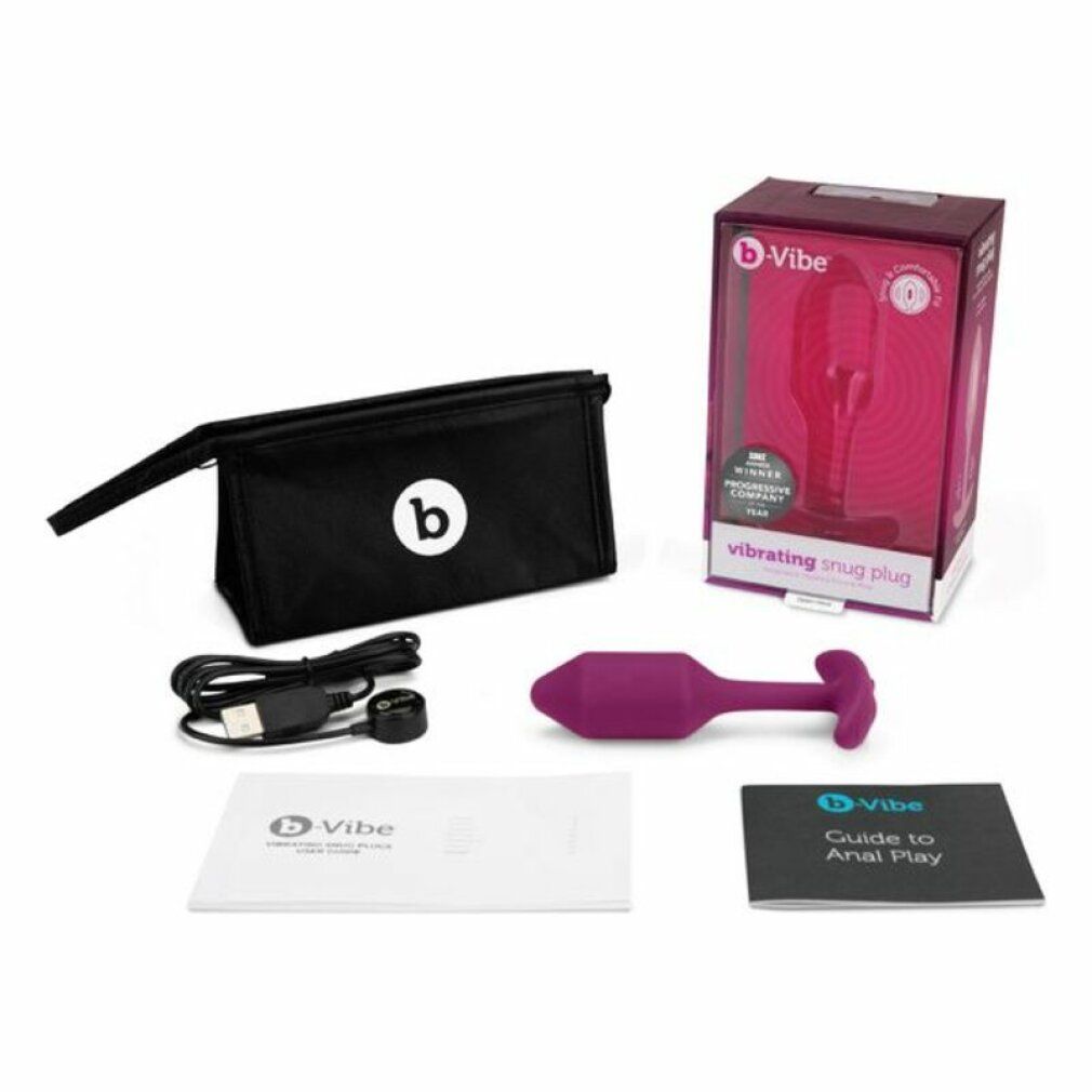 Produkt-Set: Rosa Plug, schwarze Tasche, Kabel, Anleitung, Verpackung. Marke b-Vibe.
