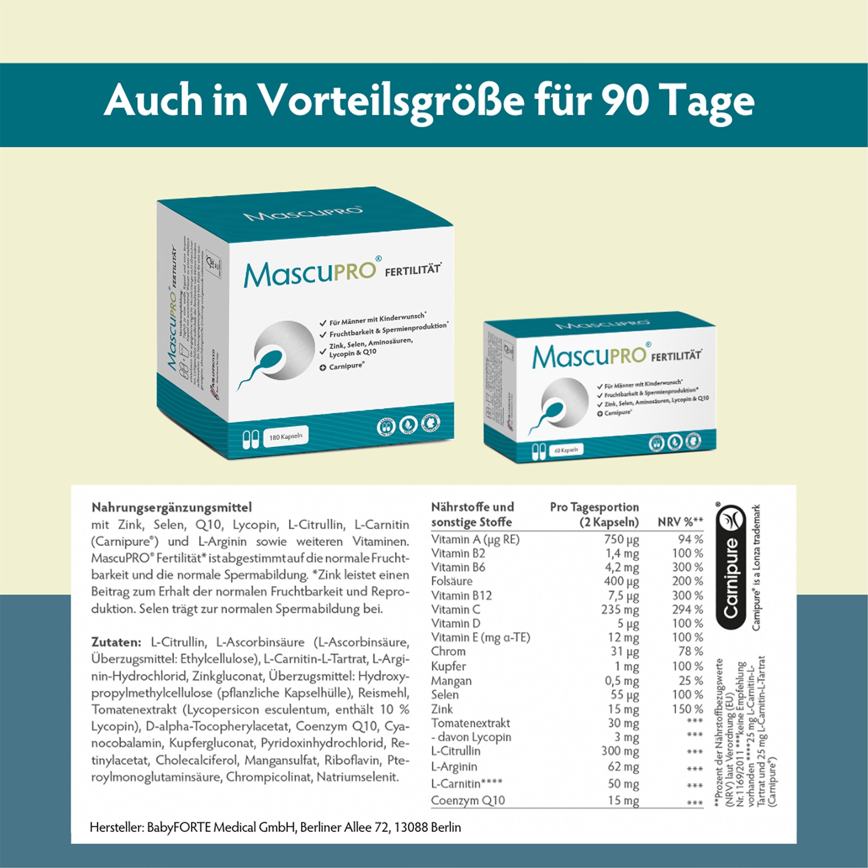 Zwei Produktpackungen, eine größere für 90 Tage. Nährwerttabelle unten.