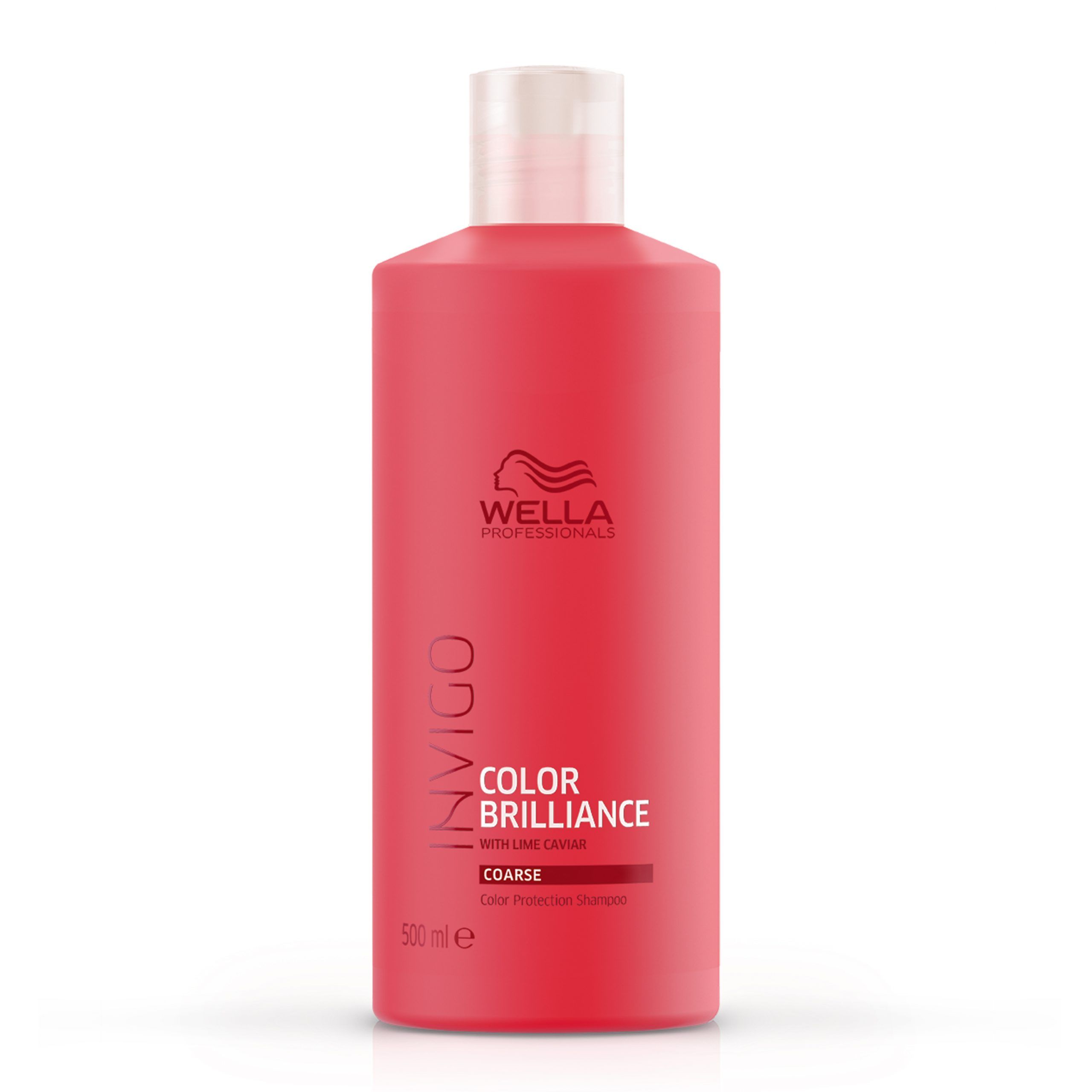 Rote Shampoo-Flasche mit weißem Deckel. Aufschrift: Invigo Color Brilliance Coarse. Marke: Wella Professionals.