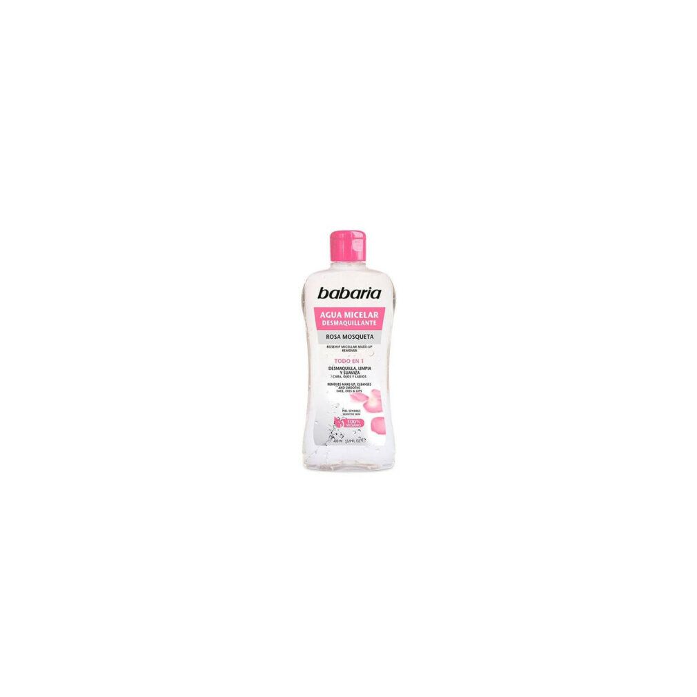 Klare Flasche mit rosa Deckel. Etikett mit Babaria-Logo und Produktbezeichnung. Text: Agua Micelar, Rosa Mosqueta.