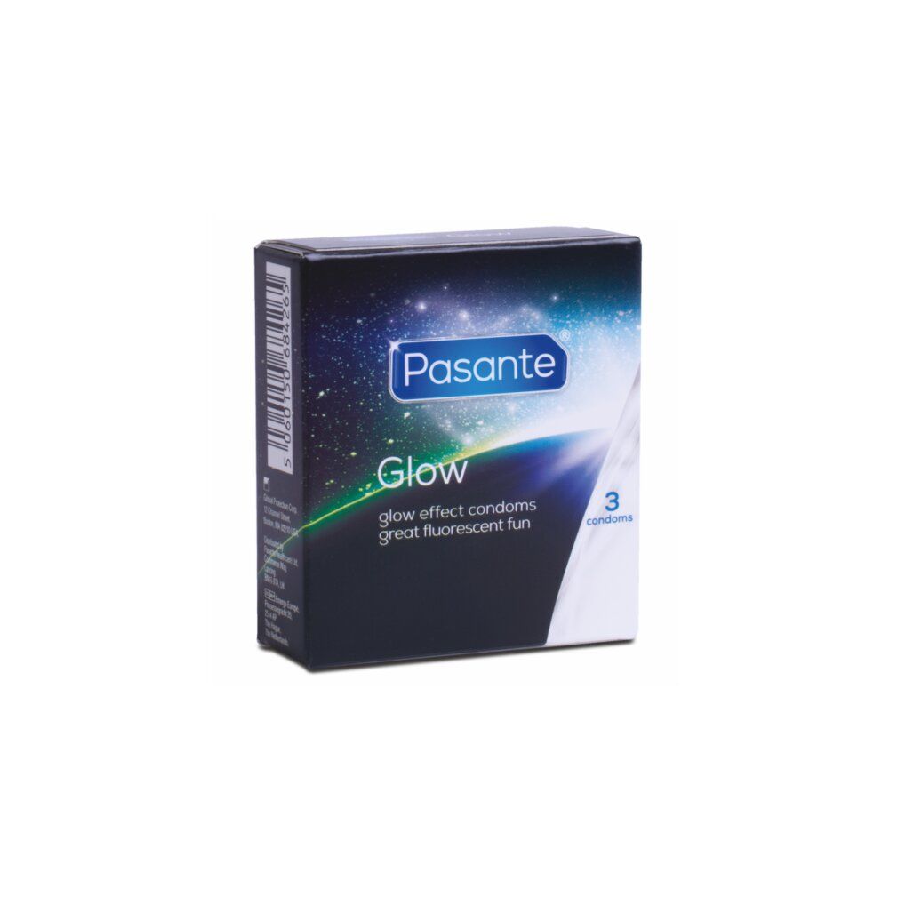 Schwarze Schachtel mit Pasante Glow. Enthält 3 Kondome. Text: glow effect condoms, great fluorescent fun.