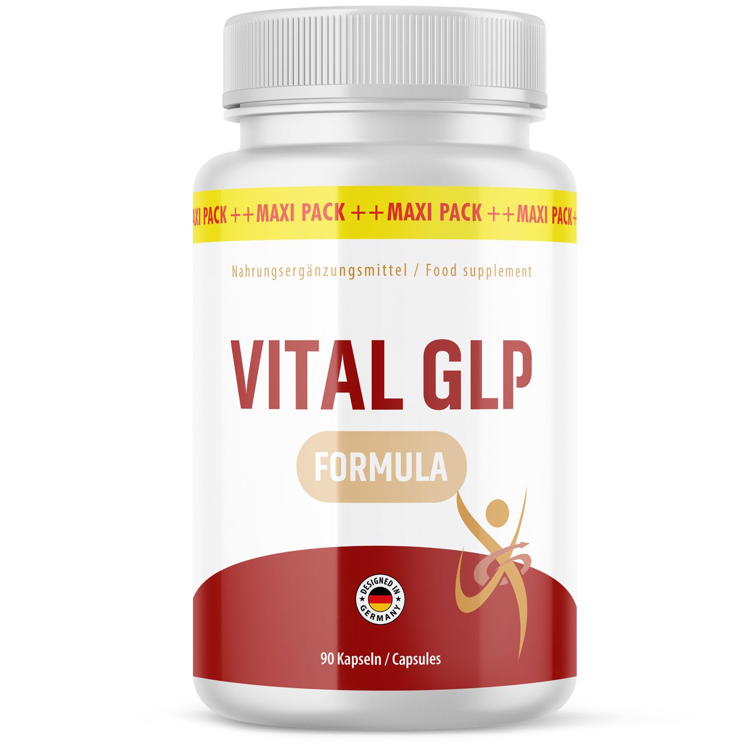 Weiße Flasche mit rotem Etikett: VITAL GLP FORMULA. Aufschrift: 90 Kapseln. Mit dem Logo 'Designed in Germany'.