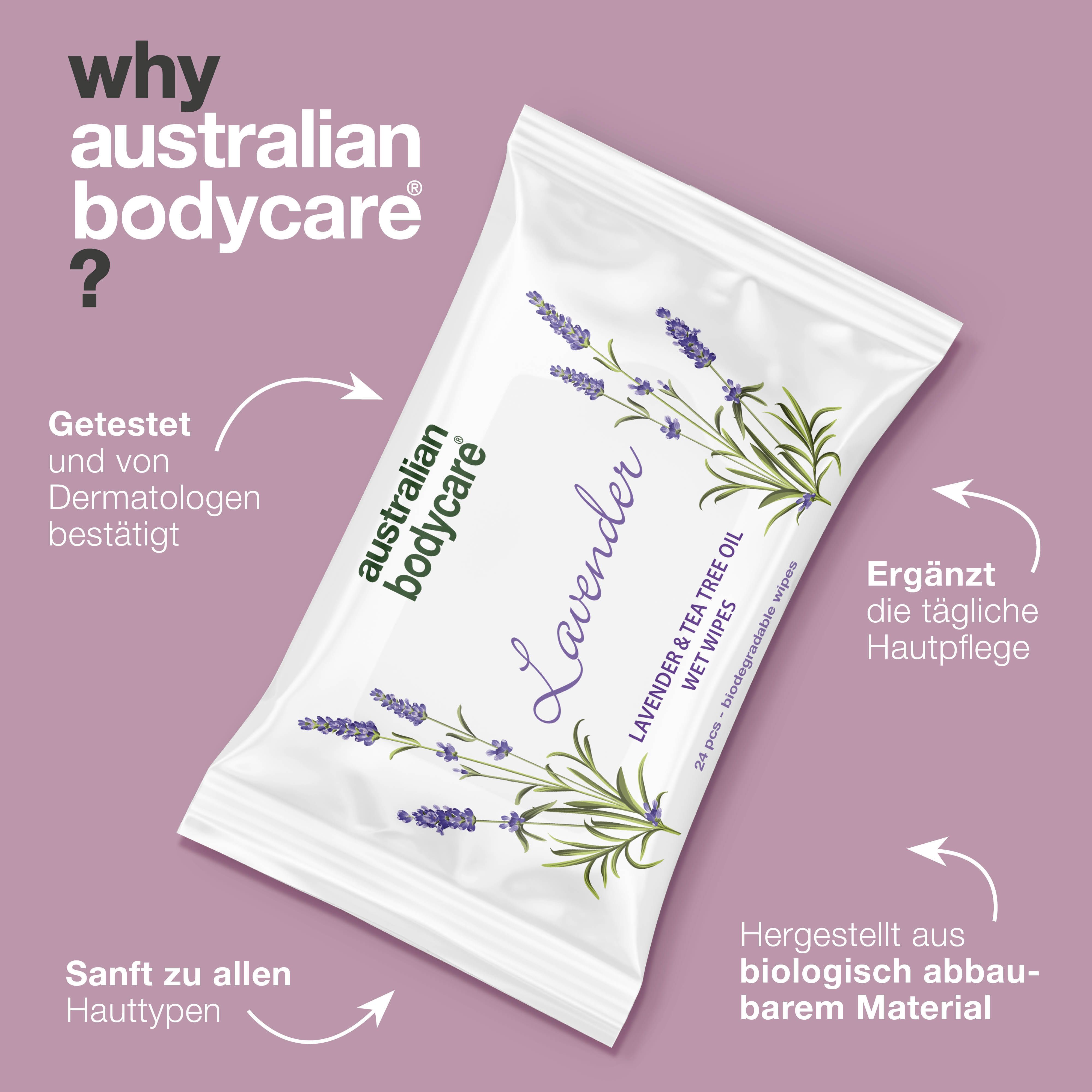 Verpackung mit Text und Illustrationen. Text: Australian Bodycare, Lavender, Wet Wipes.