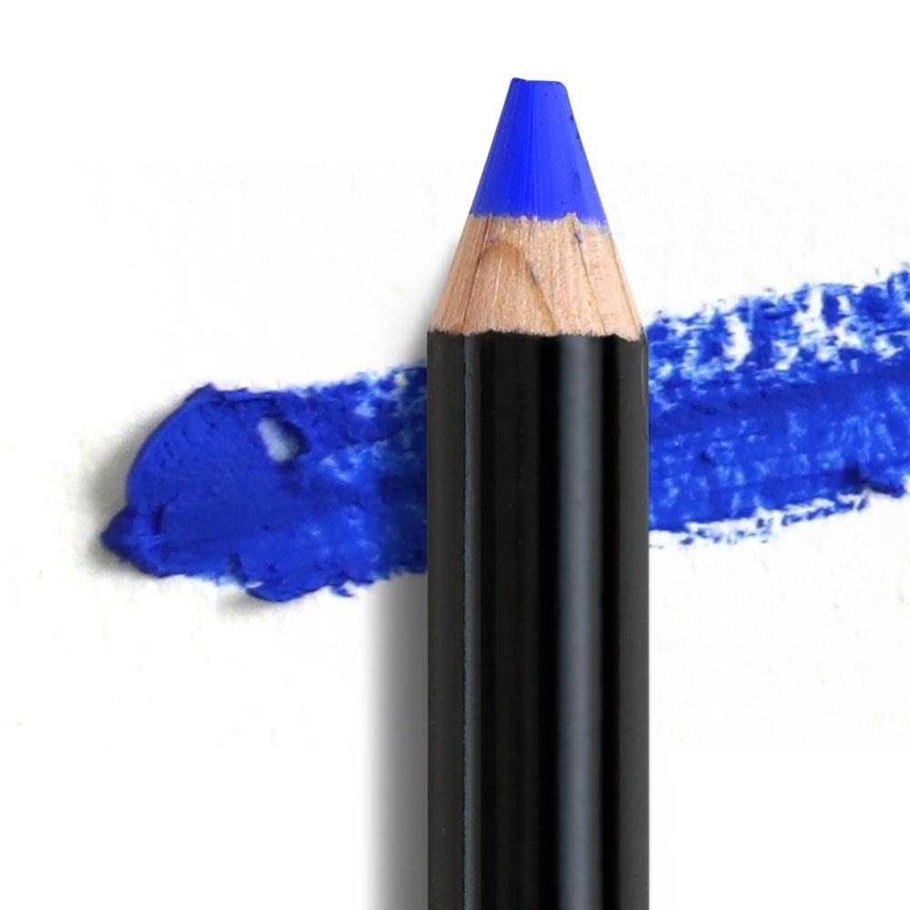 Blauer ALL TIGERS-Lidschattenstift. Spitze des Stifts und Farbabstrich. Schwarzer Stift mit blauem Ende.