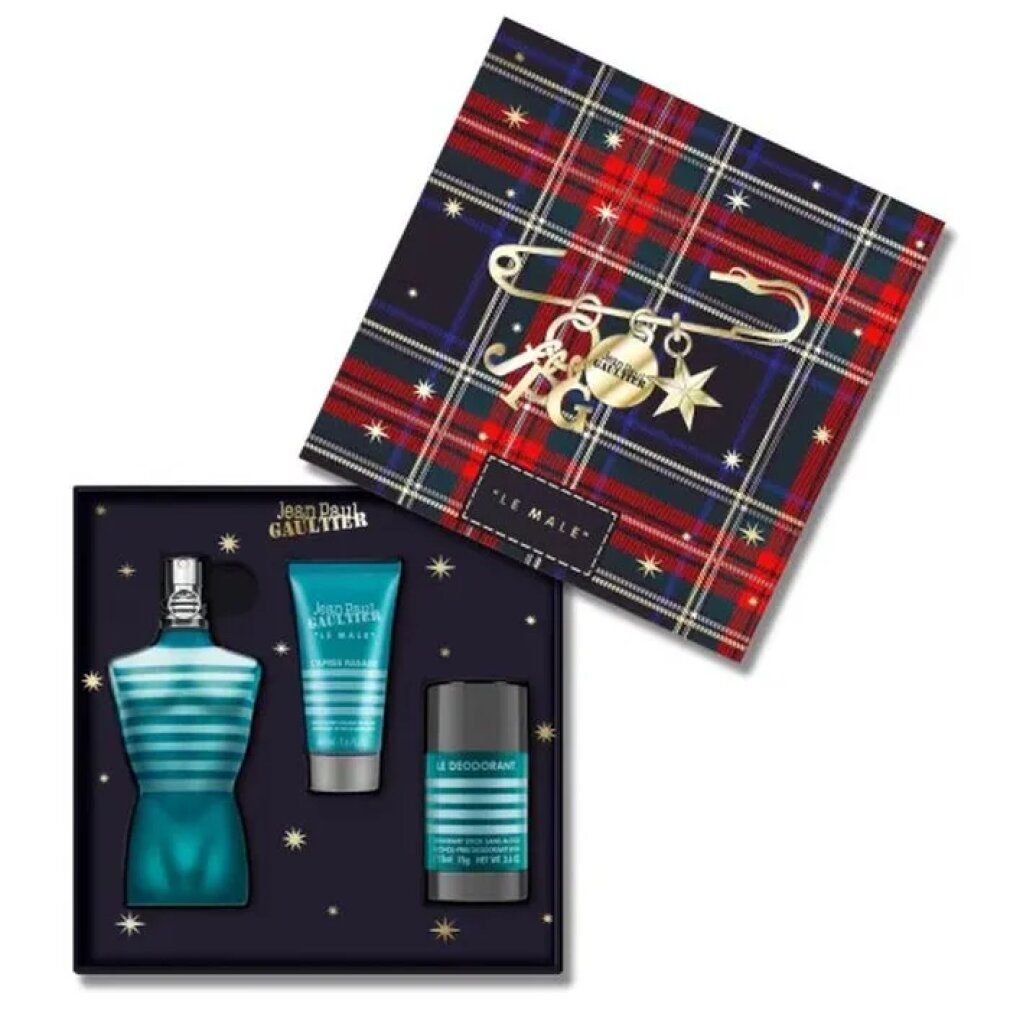 Geschenkset mit Flakon, Tube und Deostift. Flakon in Torsoform, blau. Verpackung mit Tartanmuster und Schmuck.