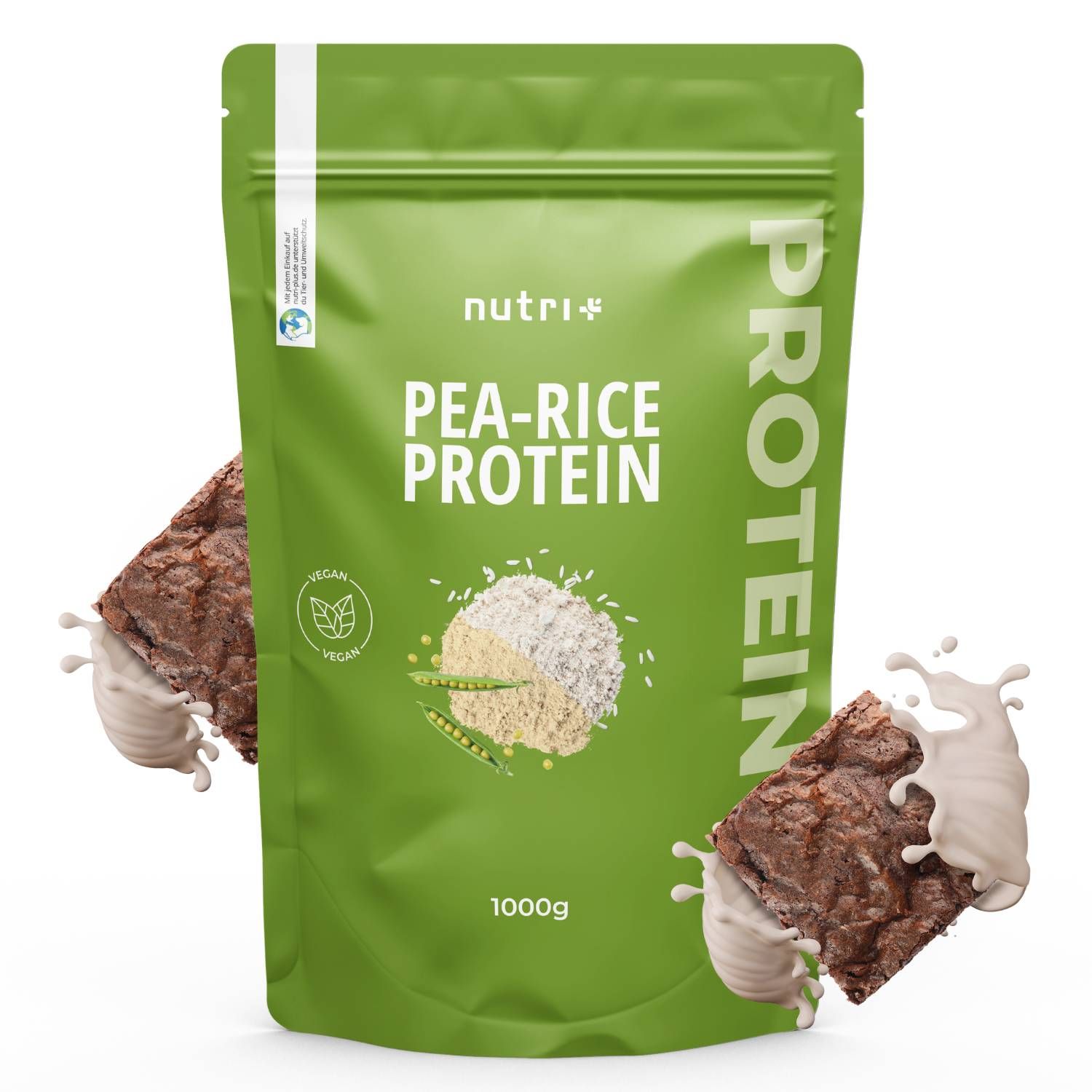 Grüne Verpackung mit "nutri+" und "PEA-RICE PROTEIN" Aufdruck. 1000g. Vegan-Siegel. Brownies und Spritzer.