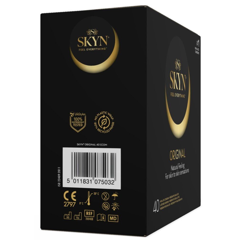 Schwarze Verpackung SKYN Original, 40 Kondome. Logo, Barcode und Zertifizierungen. Aufschrift "Natural feeling for skin to skin sensations".