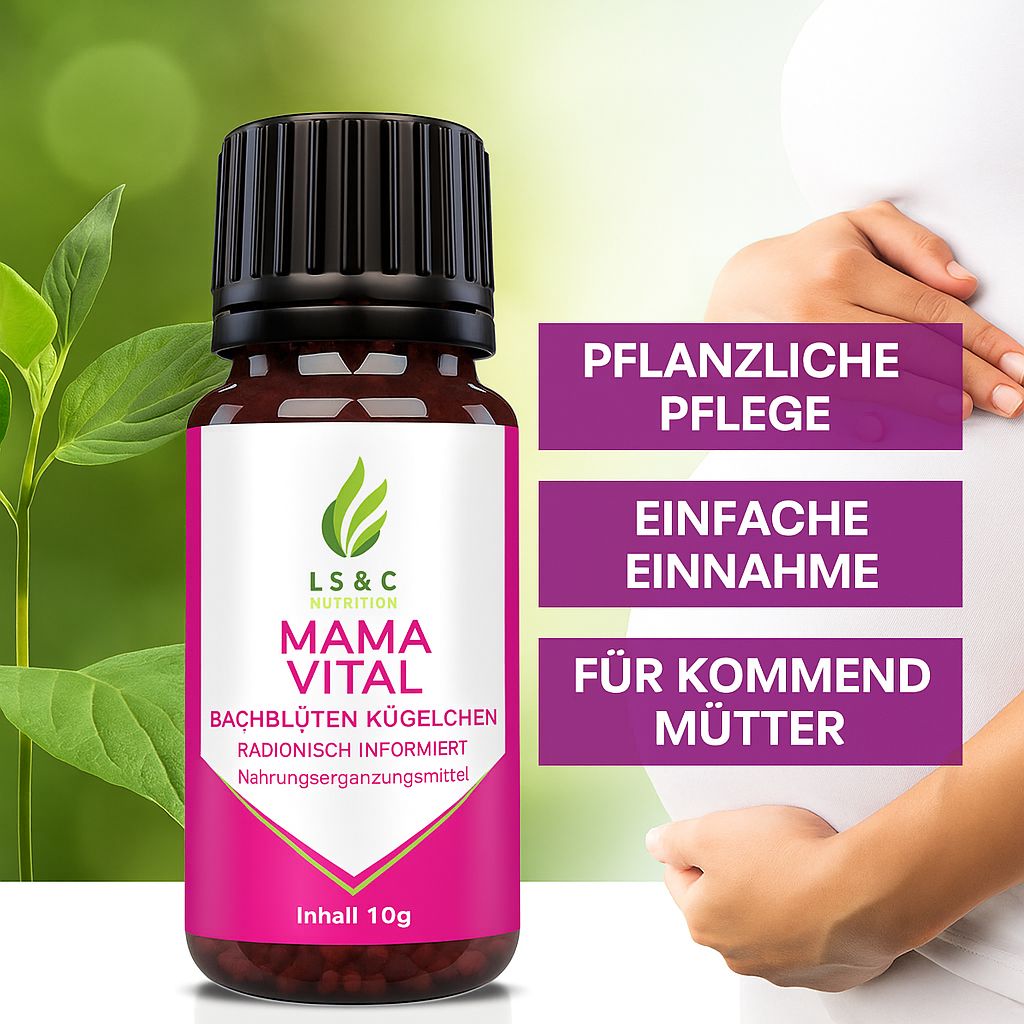 Braune Glasflasche mit schwarzem Deckel und pinkfarbenem Etikett. Aufschrift: Mama Vital, Bachblüten Kügelchen, Nahrungsergänzungsmittel. Inhalt 10g. Text: Pflanzliche Pflege, Einfache Einnahme, Für kommende Mütter.