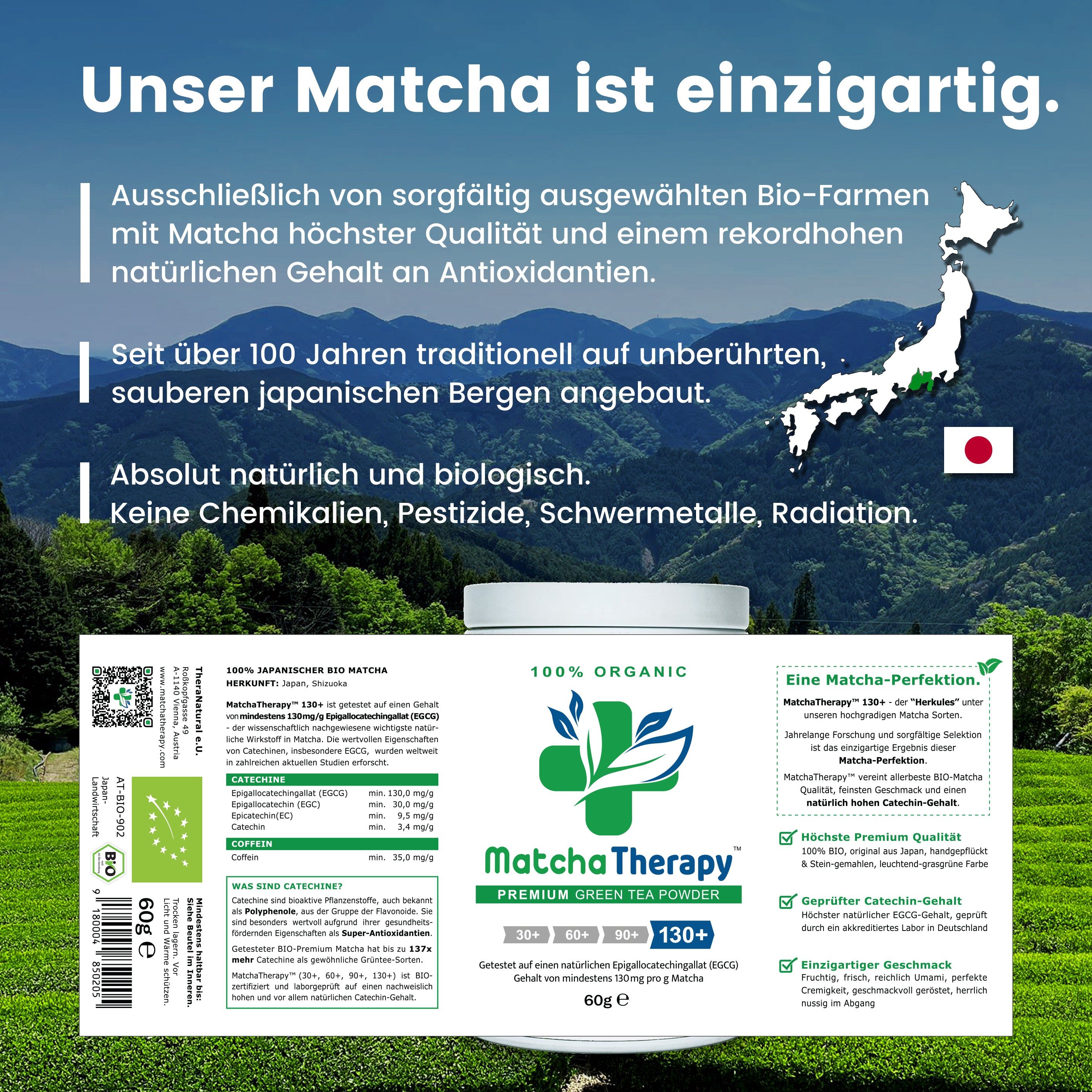 Weißer Behälter mit MatchaTherapy. Text: 100% japanischer Bio-Matcha, 60g. Karte von Japan. Zusätzliche Informationen.