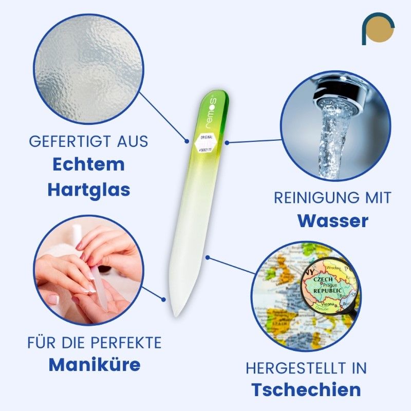 Glasnagelfeile, 8 cm, grün-weiß. Text: "Gefertigt aus echtem Hartglas", "Für die perfekte Maniküre".