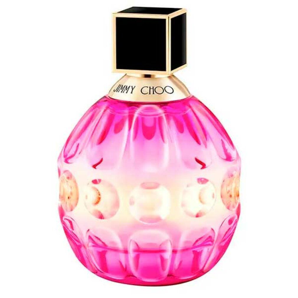 Runder, pinkfarbener Flakon mit schwarzem Deckel. Aufschrift: Jimmy Choo. Geformtes Glas mit dekorativen Elementen.