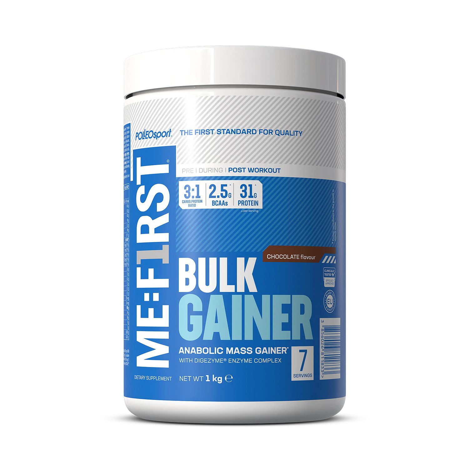 Zylinderförmige Dose mit "ME:FIRST Bulk Gainer". Blaue und weiße Aufmachung. Enthält Informationen zu BCAA und Protein.