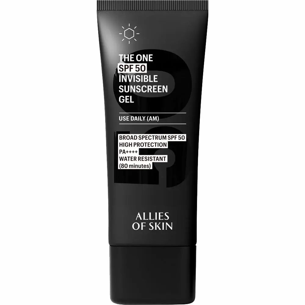 Schwarze Tube mit weißer Schrift. Produktname: The One SPF 50 Invisible Sunscreen Gel. Marke: Allies of Skin. Sonnenschutz.