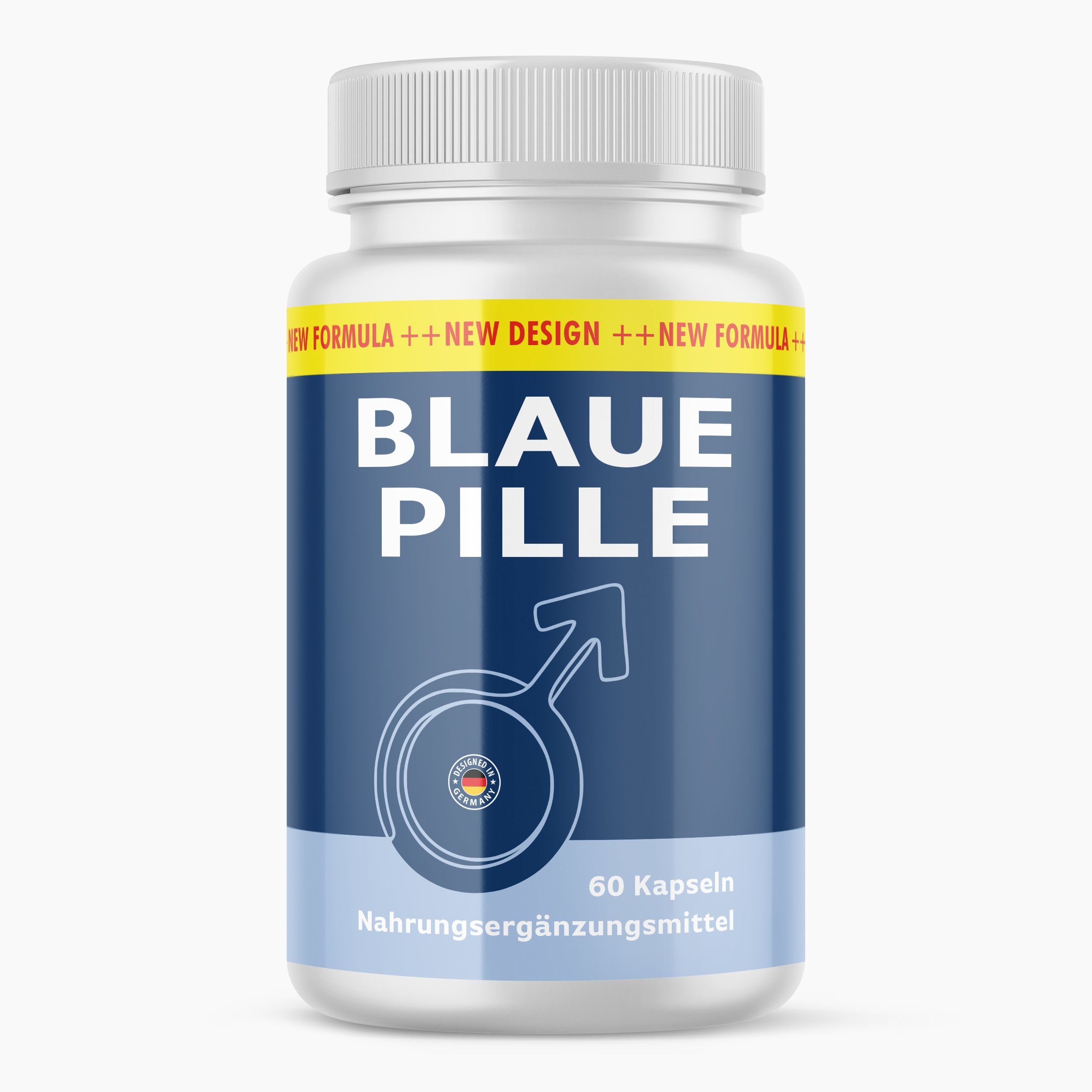 Blaue Pille Kapseln: Weiße Flasche mit blauem Etikett, männliches Symbol, 60 Kapseln.