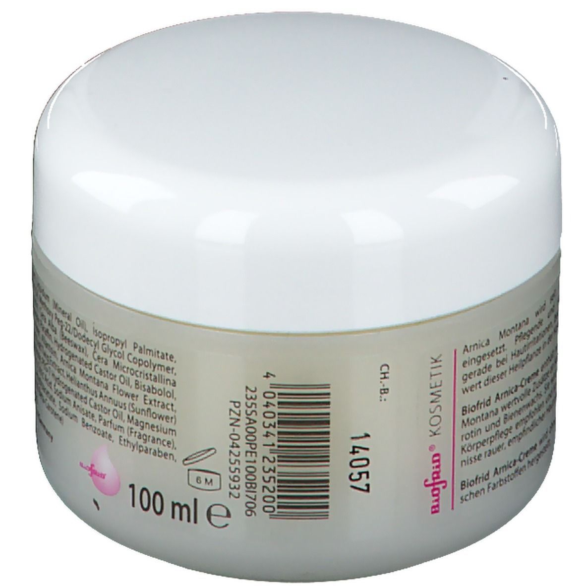 Creme-Tiegel mit weißem Deckel und transparentem Behälter. Aufschrift "Biofrid" und "100 ml".