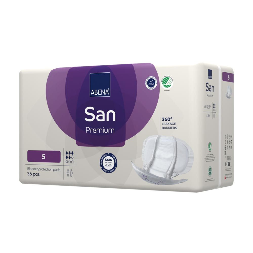 Verpackung mit "ABENA San Premium" und "5". 36 Stück. Vorlage daneben. Logo und Zertifizierung.
