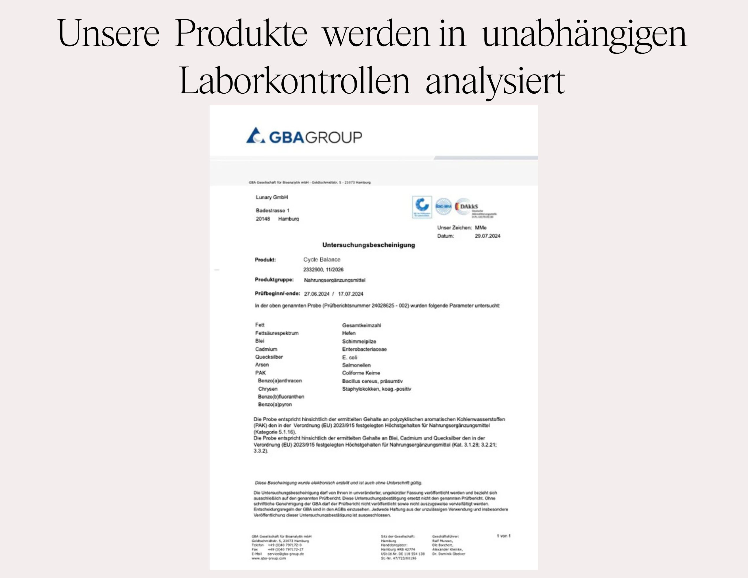 Laborbericht. Text: Unsere Produkte werden in unabhängigen Laborkontrollen analysiert. GBA Group.