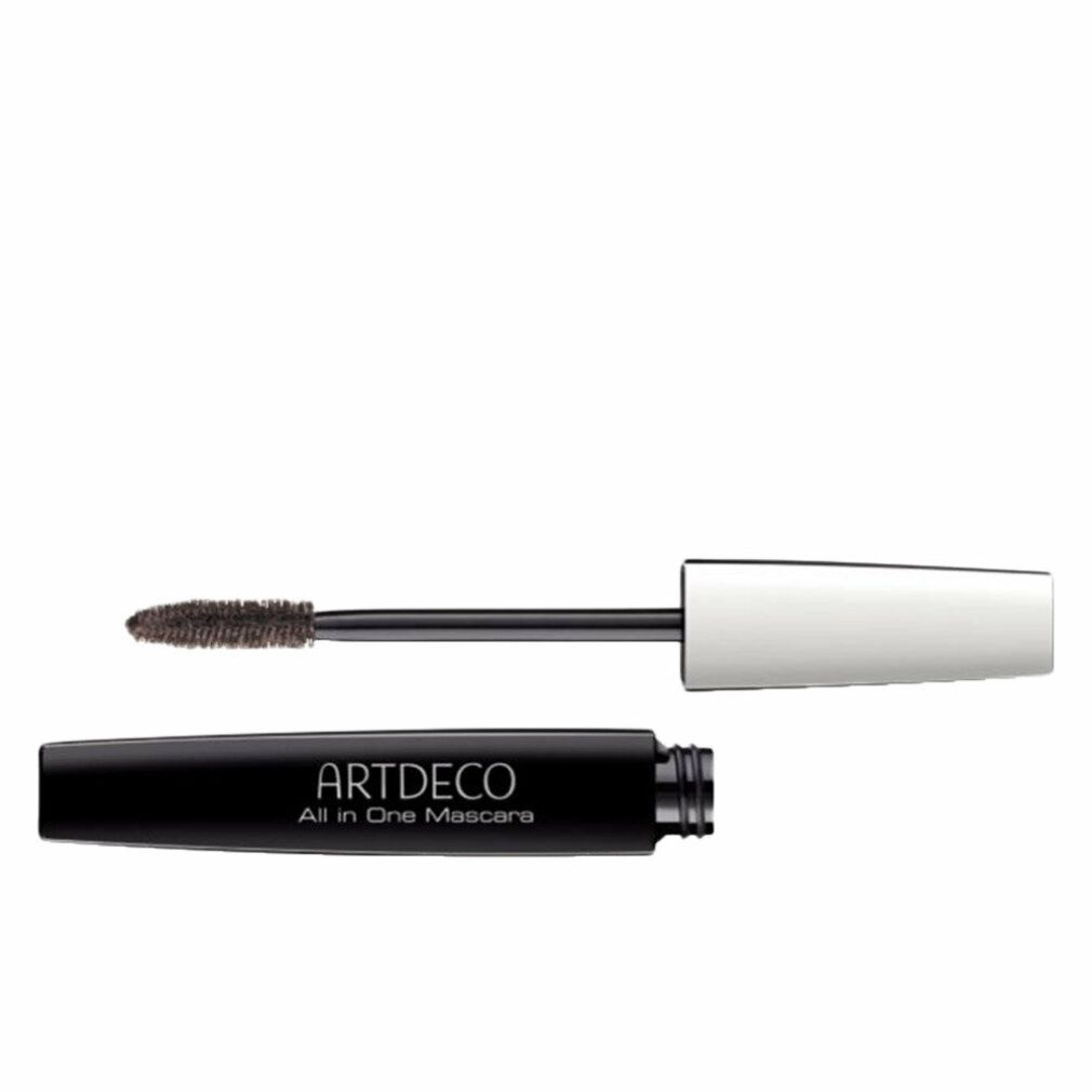 Schwarze Mascarahülse mit weißem Deckel. Mascarabürste mit brauner Farbe. Aufschrift: ARTDECO All in One Mascara.