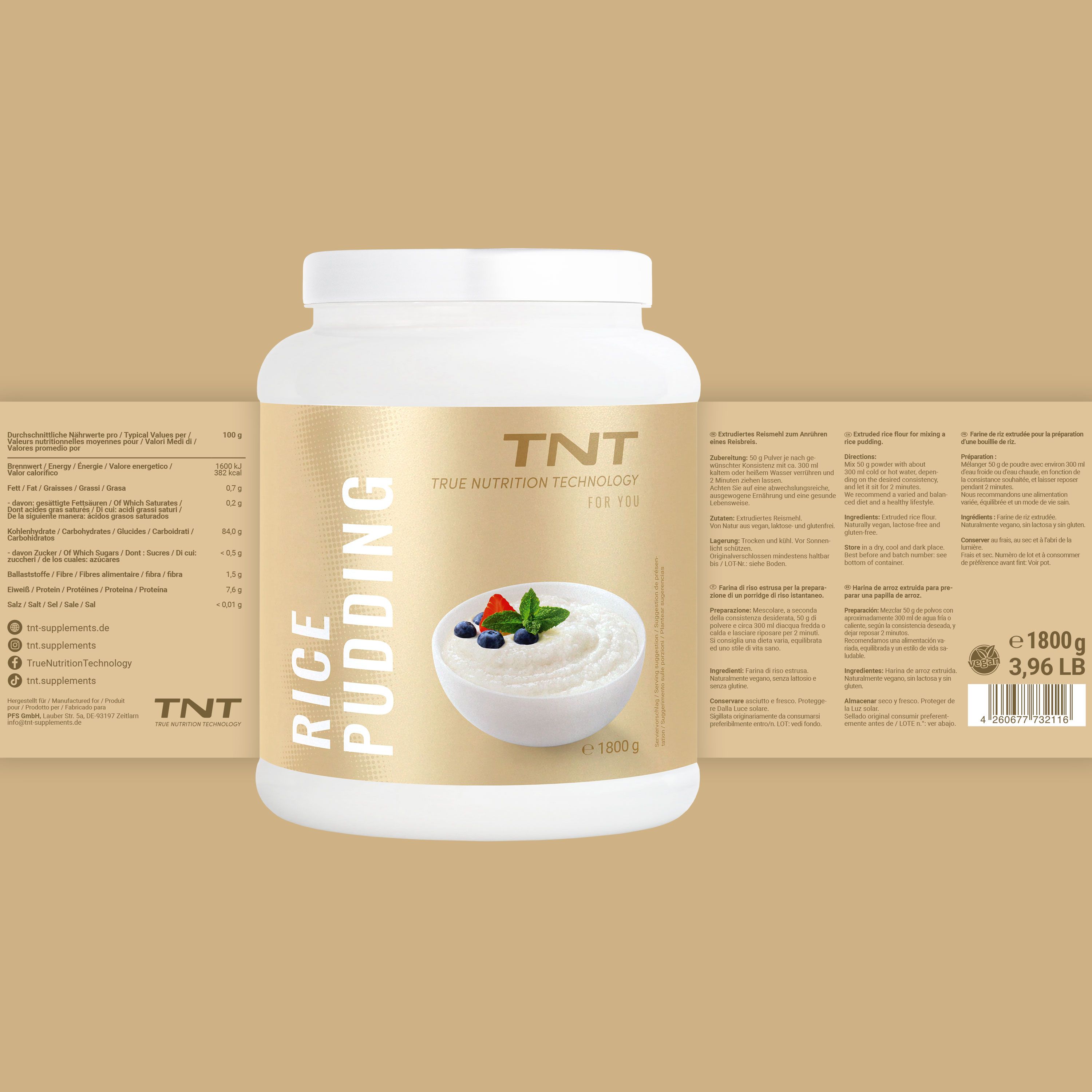 Weißer Behälter mit goldfarbenem Etikett. Aufschrift: TNT Rice Pudding. Abgebildet: Schüssel mit Reis-Pudding, Beeren und Minze. Rückseite mit Informationen.