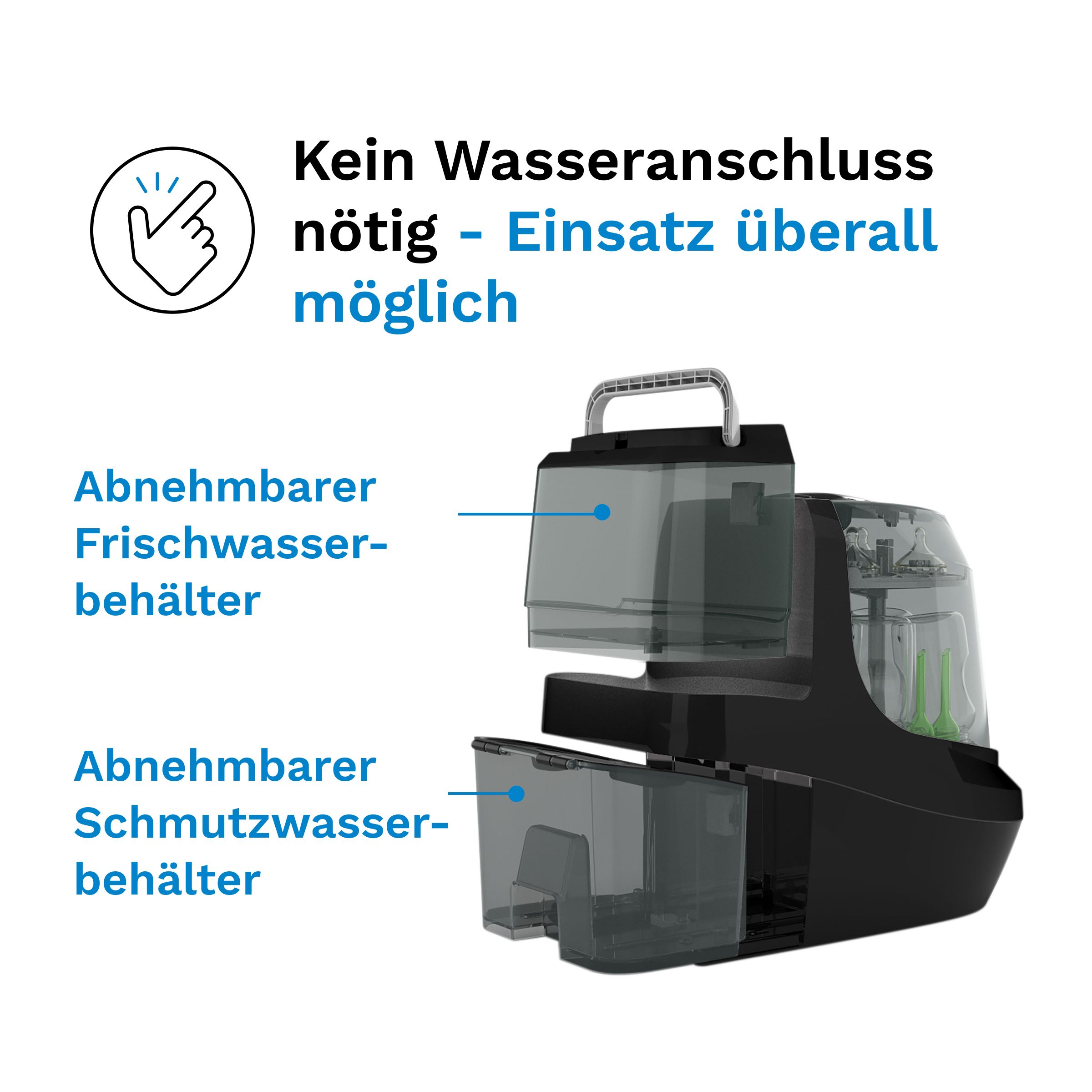 Baby Brezza Bottle Washer Pro. Schwarzes Gerät mit Frisch- und Schmutzwasserbehälter. Griff oben. Text: Kein Wasseranschluss nötig.