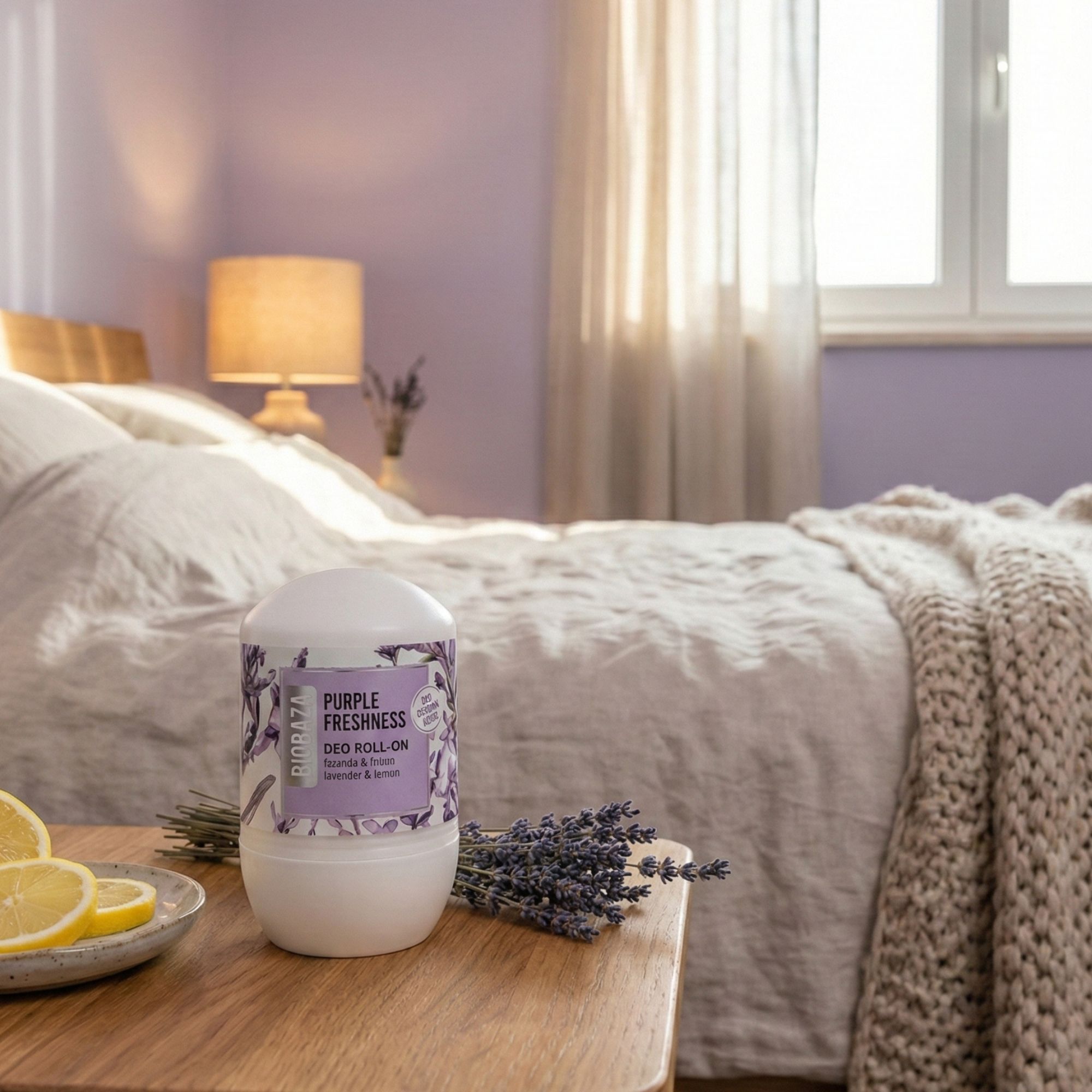 Weißer Roll-on-Deo auf einem Tisch. Aufschrift: Purple Freshness, lavanda & limun, lavender & lemon. Im Hintergrund ein Bett.