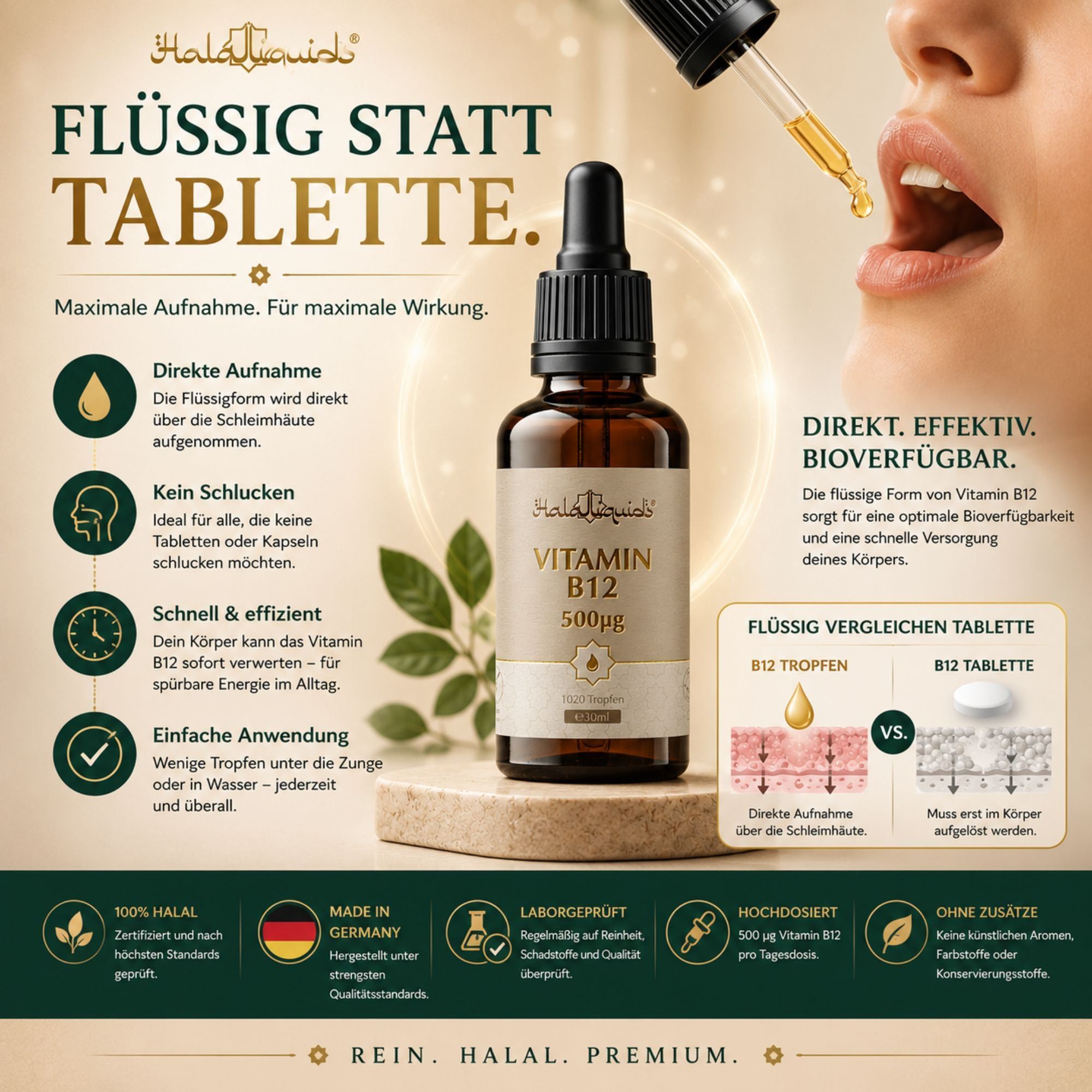 Tropfen werden aus Pipette in Mund gegeben. Vergleich: Flüssig vs. Tablette. Vitamin B12 Tropfen.