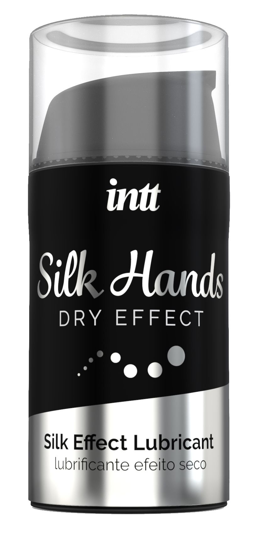 Schwarze Flasche mit silberner Schrift. Aufschrift: intt Silk Hands DRY EFFECT. Untertitel: Silk Effect Lubricant.