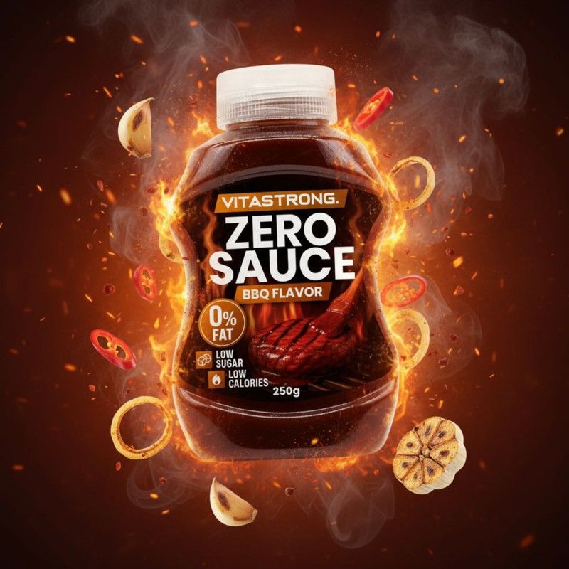 Braune Flasche mit weißem Deckel. Aufschrift: Vitastrong Zero Sauce BBQ Flavor. 0% Fett, Low Sugar, Low Calories. 250g. Umgeben von Flammen und Zutaten.