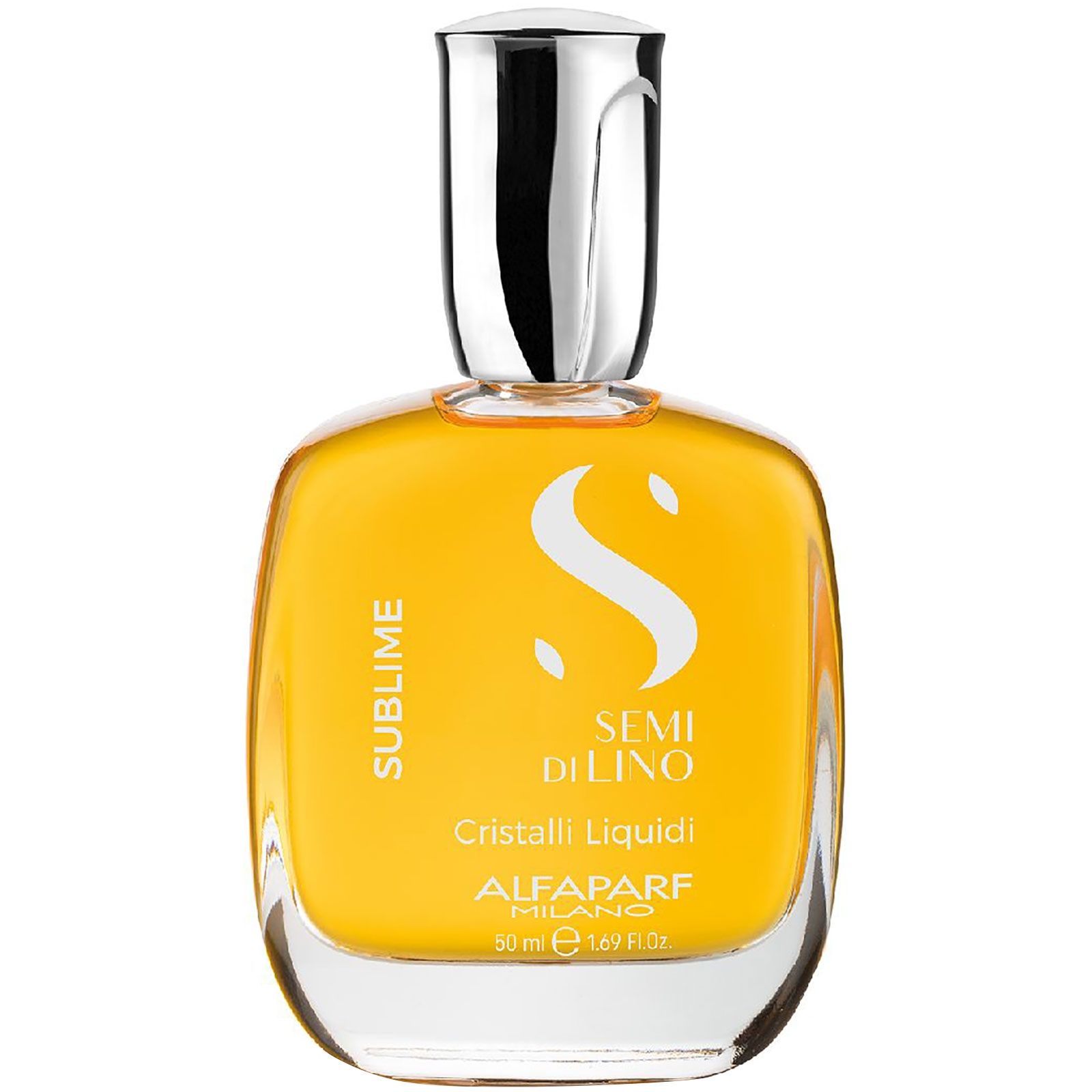 Quadratische Glasflasche mit gelbem Haaröl, Alfaparf Milano Semi di Lino Sublime, 50ml.