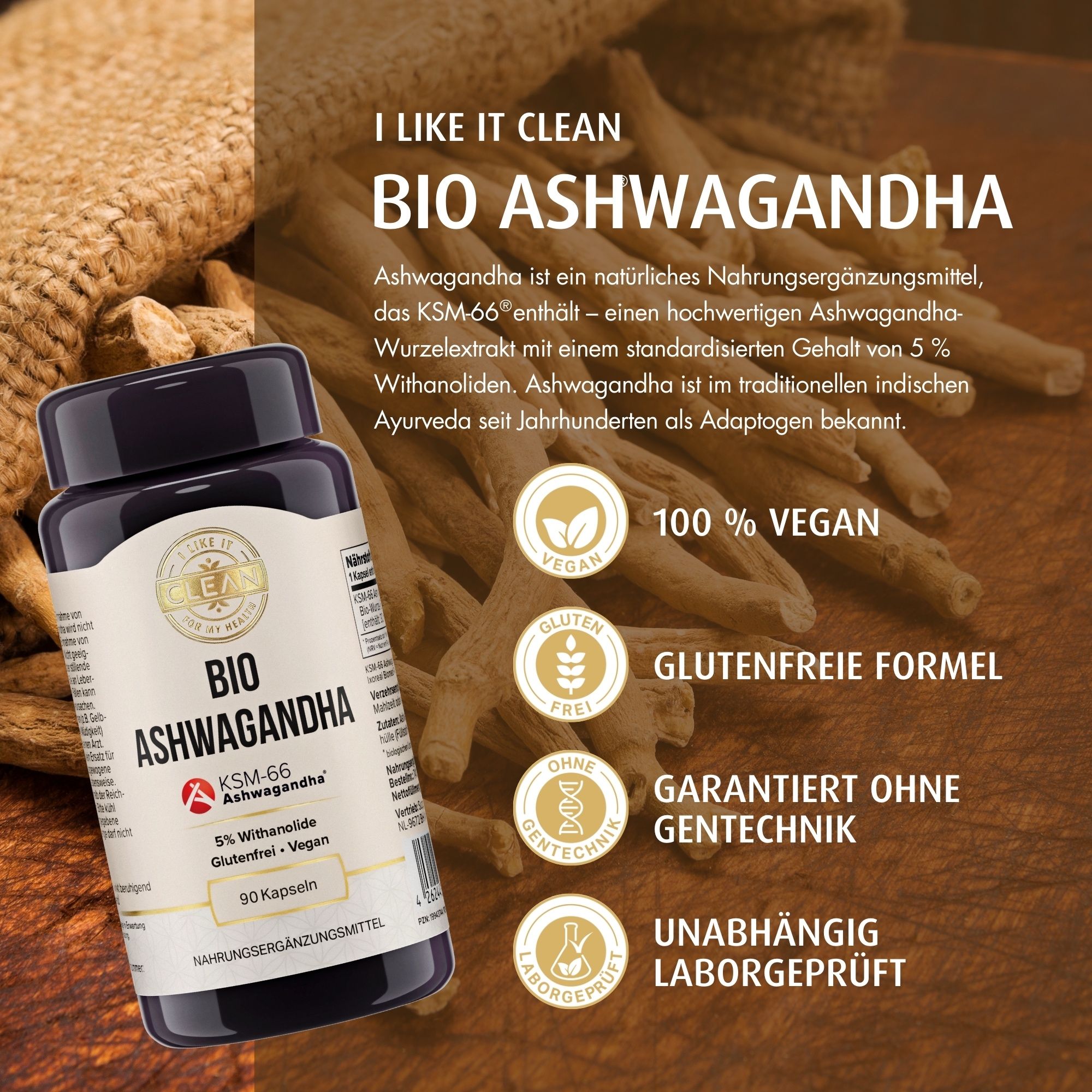BIO Ashwagandha Flasche mit Text. 100% vegan, glutenfreie Formel, garantiert ohne Gentechnik, unabhängig laborgeprüft.