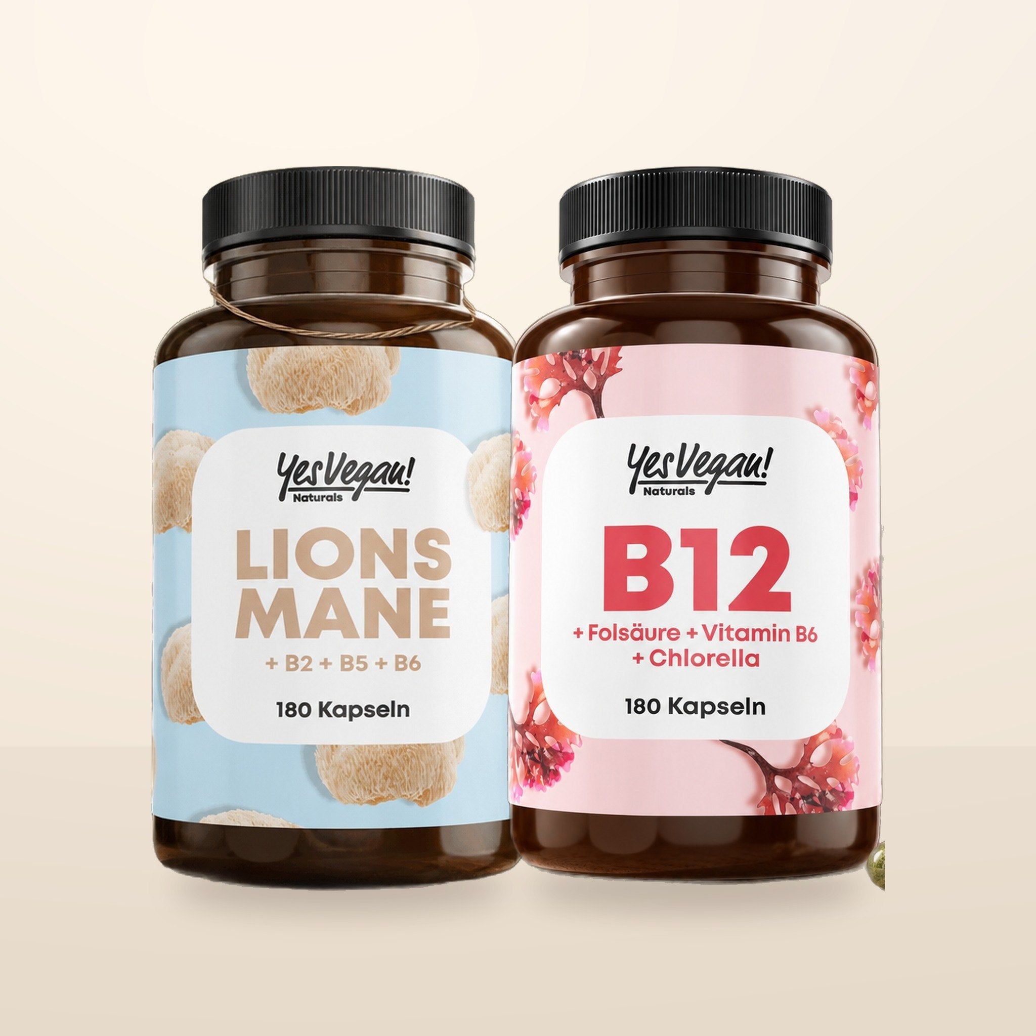 Zwei Flaschen YesVegan! Nahrungsergänzungsmittel: Blut Zucker Komplex und Stoffwechsel Komplex.