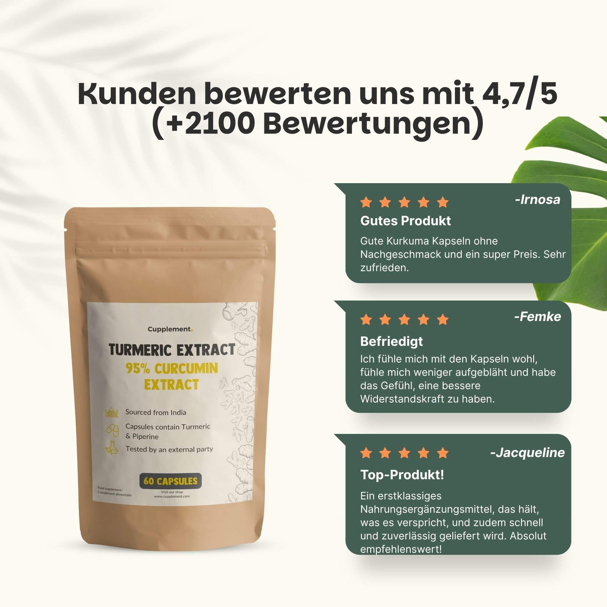 Beutel mit Kapseln. Text: Turmeric Extract 95% Curcumin Extract. 60 Kapseln. Kundenbewertung 4.7/5. Rezensionen.