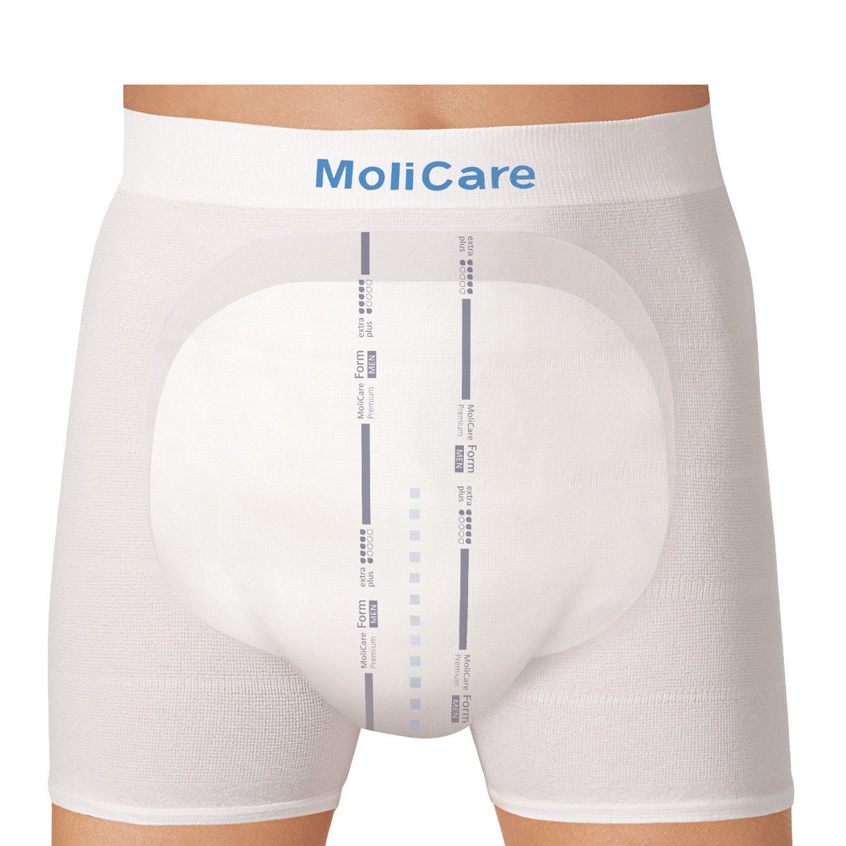 Weißer Slip mit eingelegtem Inkontinenzprodukt. Produktname 'MoliCare' blau. Inkontinenzprodukt mit blauen Streifen.
