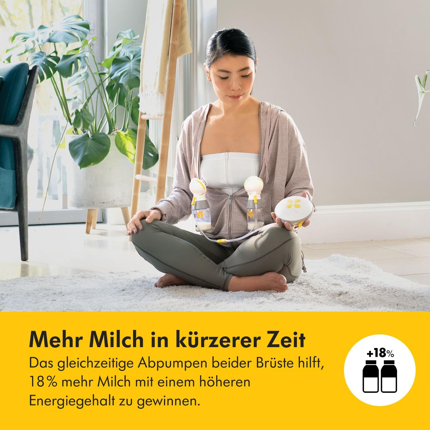 Frau sitzt mit elektrischer Milchpumpe. Text: "Mehr Milch in kürzerer Zeit".