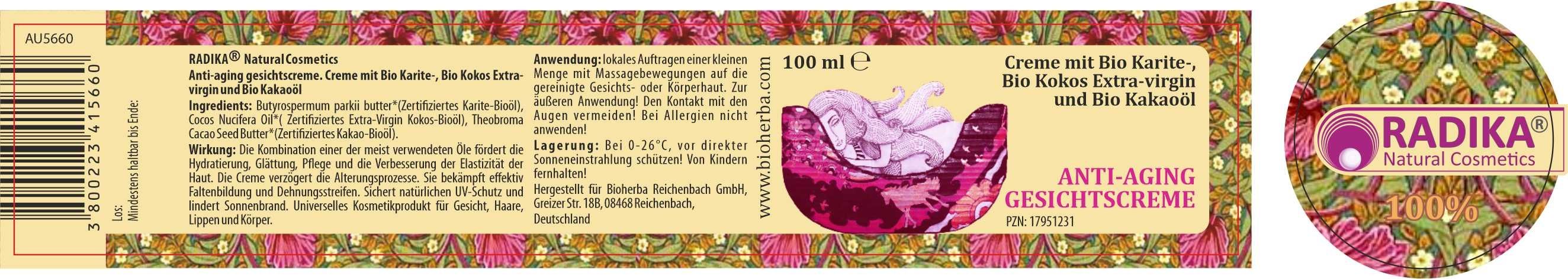 Etikett mit Produktname, Illustration und Text. 100 ml. Rundes Logo mit Text.