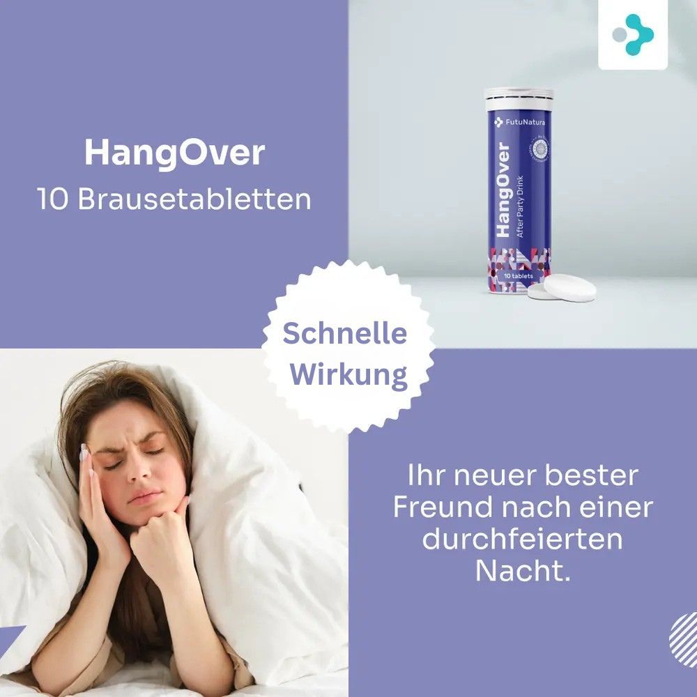 Werbung für FutuNatura HangOver. Tube und Tabletten neben einer Frau unter einer Decke. Text: Schnelle Wirkung.