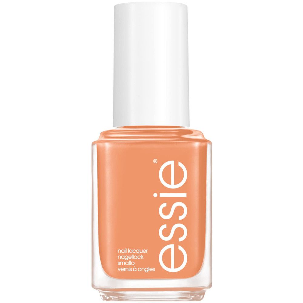 Nagellackflasche mit weißem Deckel. Aufschrift 'essie'. Farbton: Pfirsich. Klarer Glasflakon.