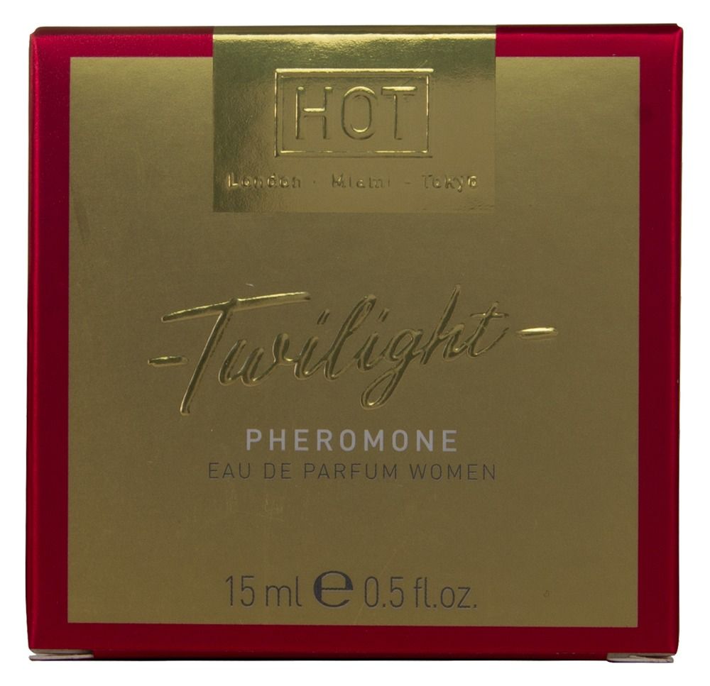 Goldfarbene Parfumverpackung mit rotem Rahmen. Aufschrift: HOT, Twilight Pheromone, Eau de Parfum Women. 15ml.