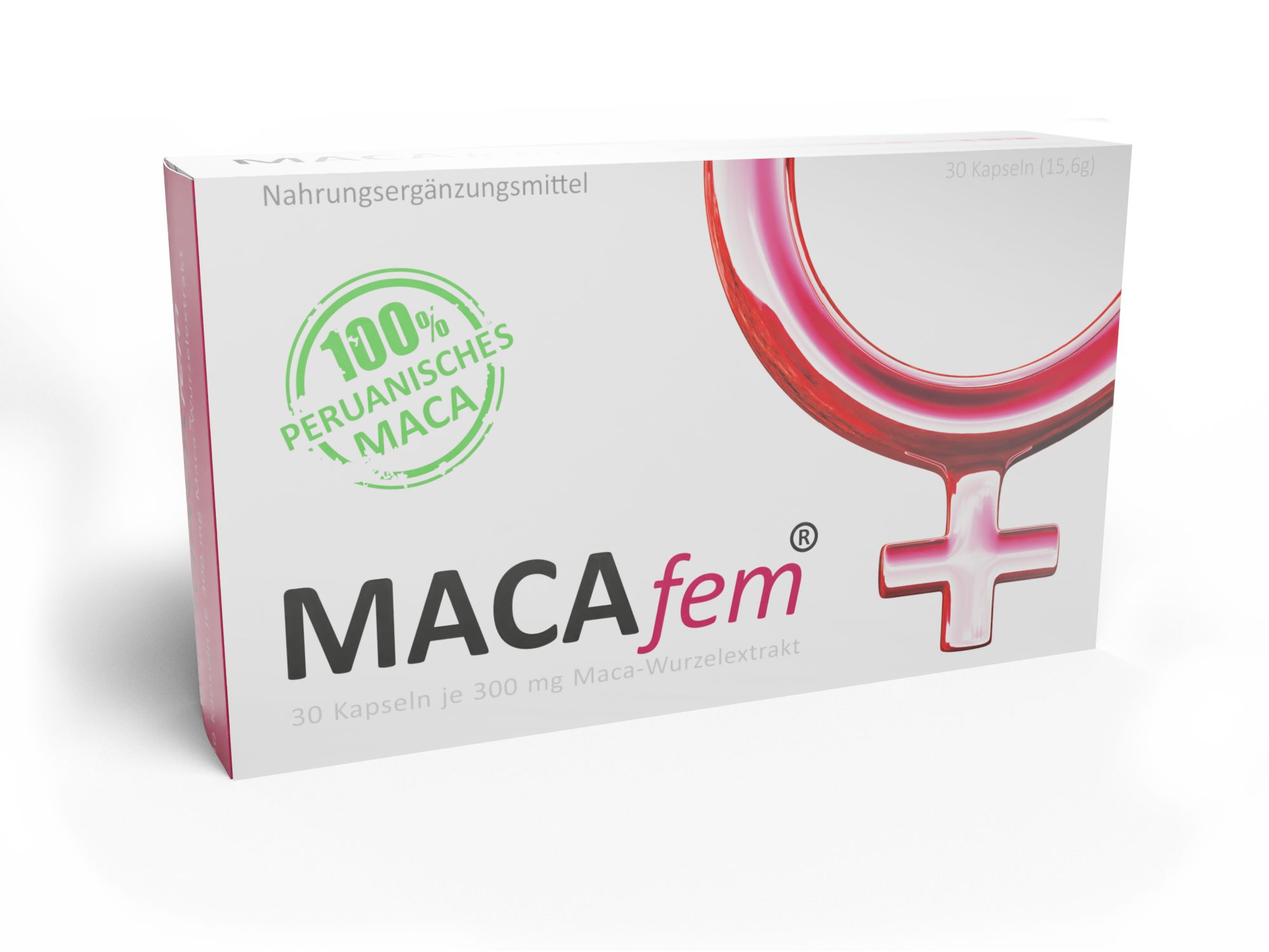 Weiße Schachtel mit MACAfem®-Logo, grünem Siegel und Text. Rosa Frauensymbol. Nahrungsergänzungsmittel.