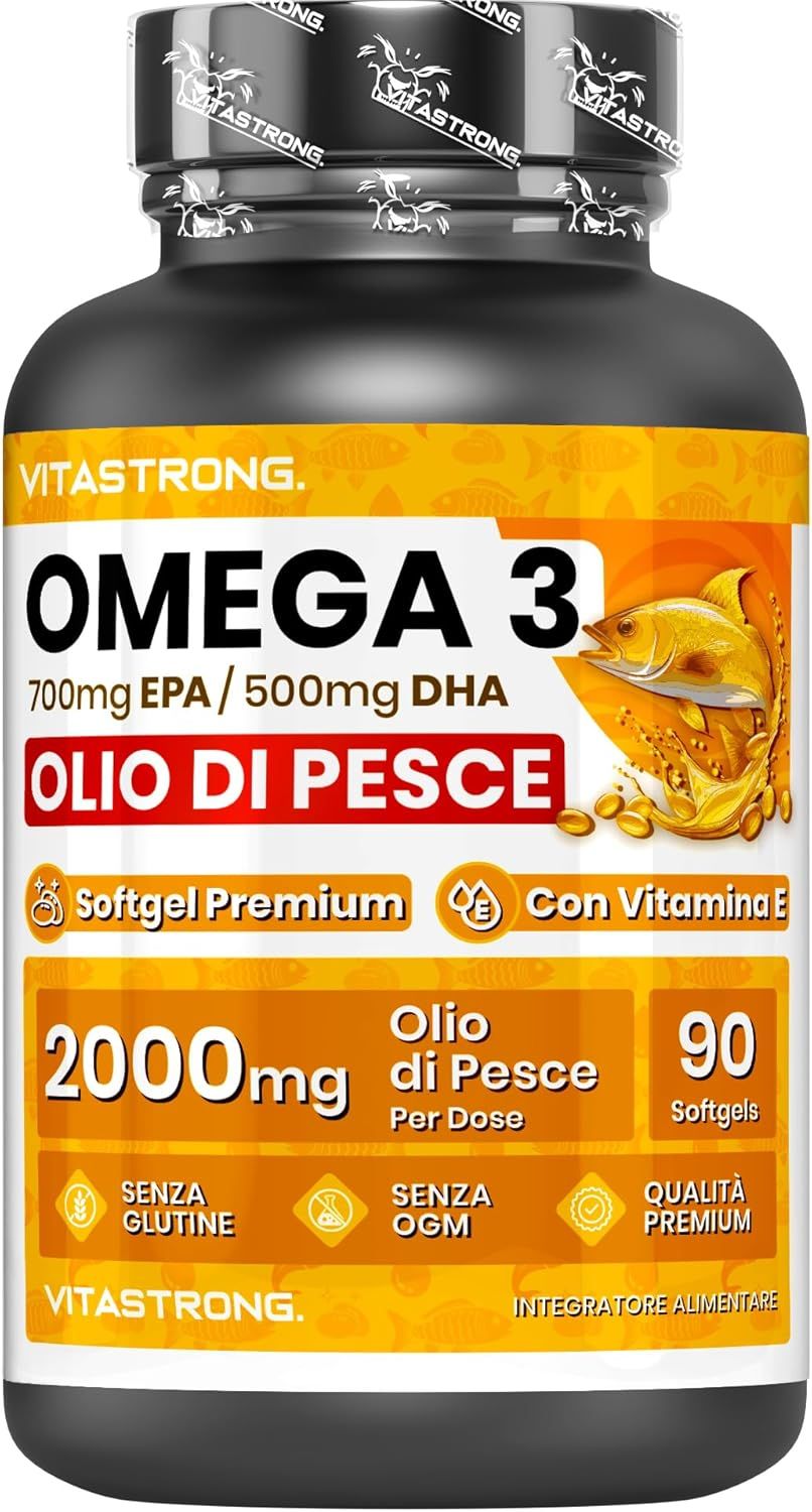 Omega 3 Kapseln. Schwarze Flasche mit gelbem Etikett. Enthält 90 Softgels. EPA und DHA.