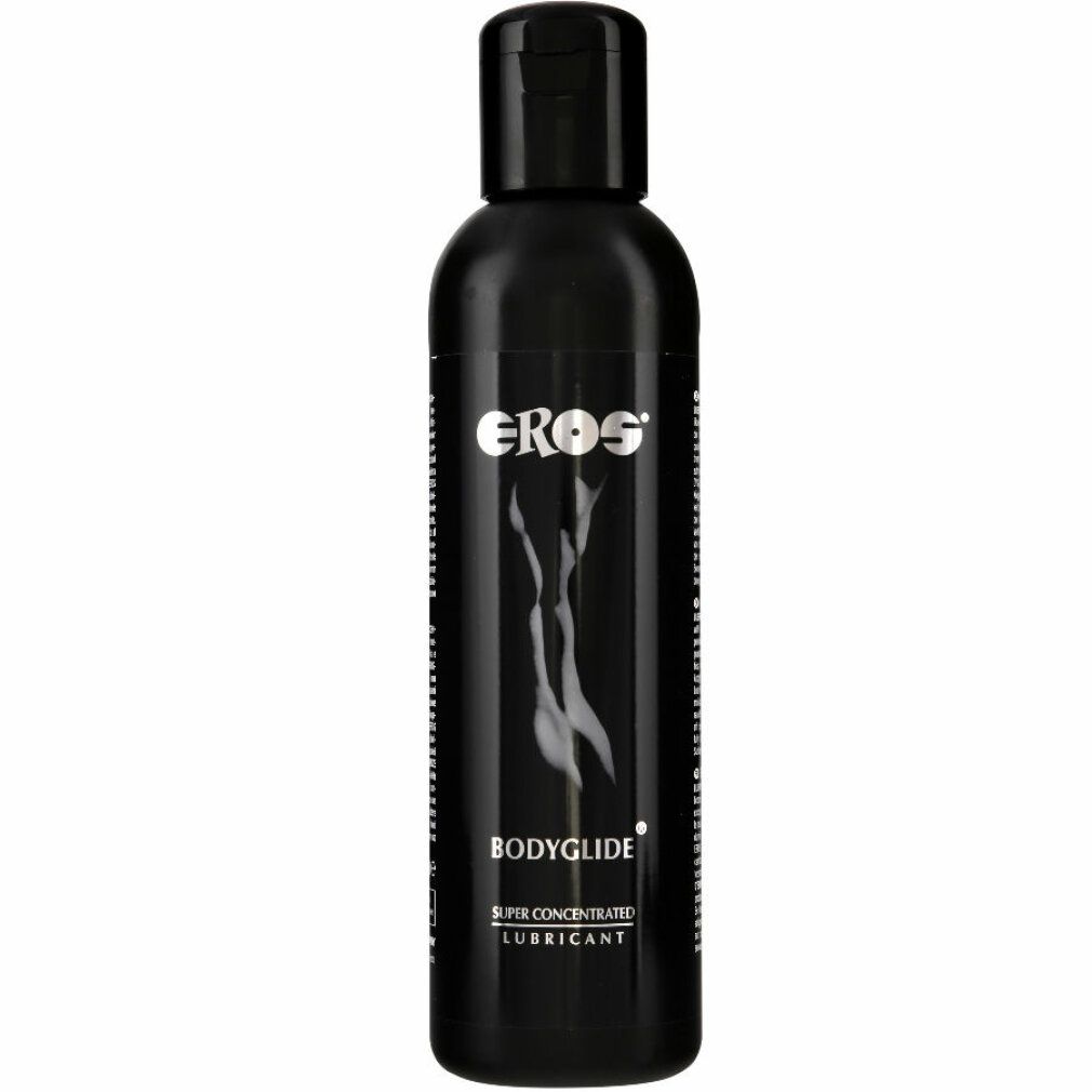 Schwarze Flasche mit schwarzem Deckel. Aufschrift "EROS BODYGLIDE". Enthält "SUPER CONCENTRATED LUBRICANT".