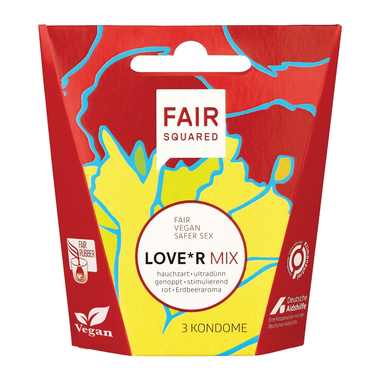 Verpackung mit Produktnamen LOVE*R MIX. Logo FAIR SQUARED. 3 Kondome. Vegan-Siegel.