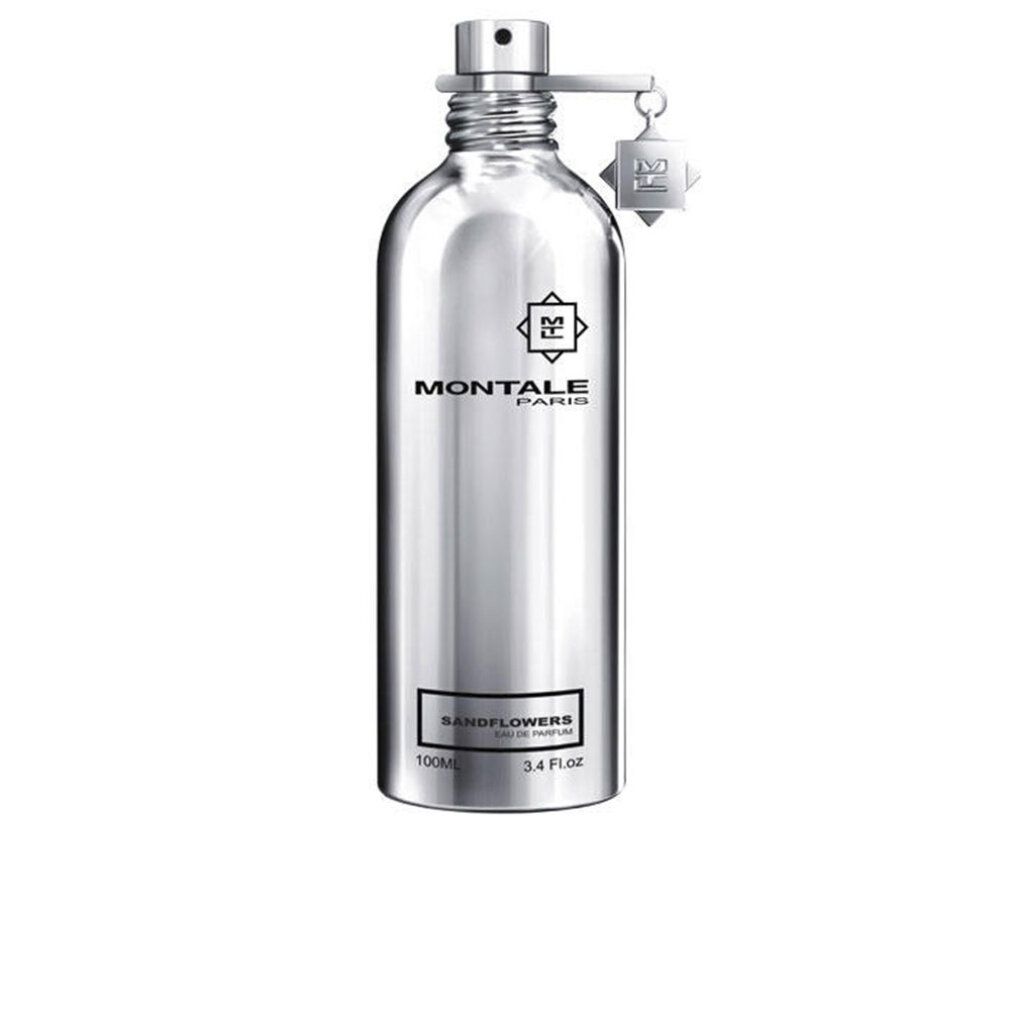 Silberne Flasche mit Sprühkopf und Anhänger. Aufschrift: Montale Paris, Sandflowers Eau de Parfum. 100ml, 3.4 Fl. Oz.