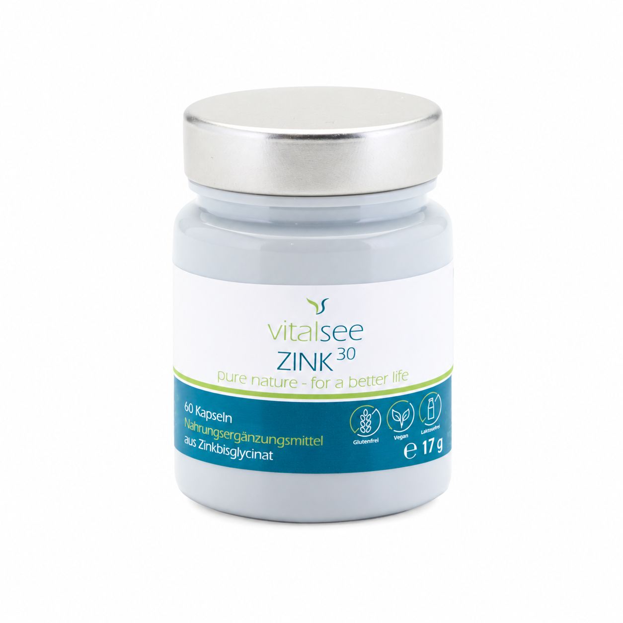 Flasche mit 60 Kapseln Zink 30 mg. Enthält Zinkbisglycinat. Vegan, gluten- und laktosefrei.